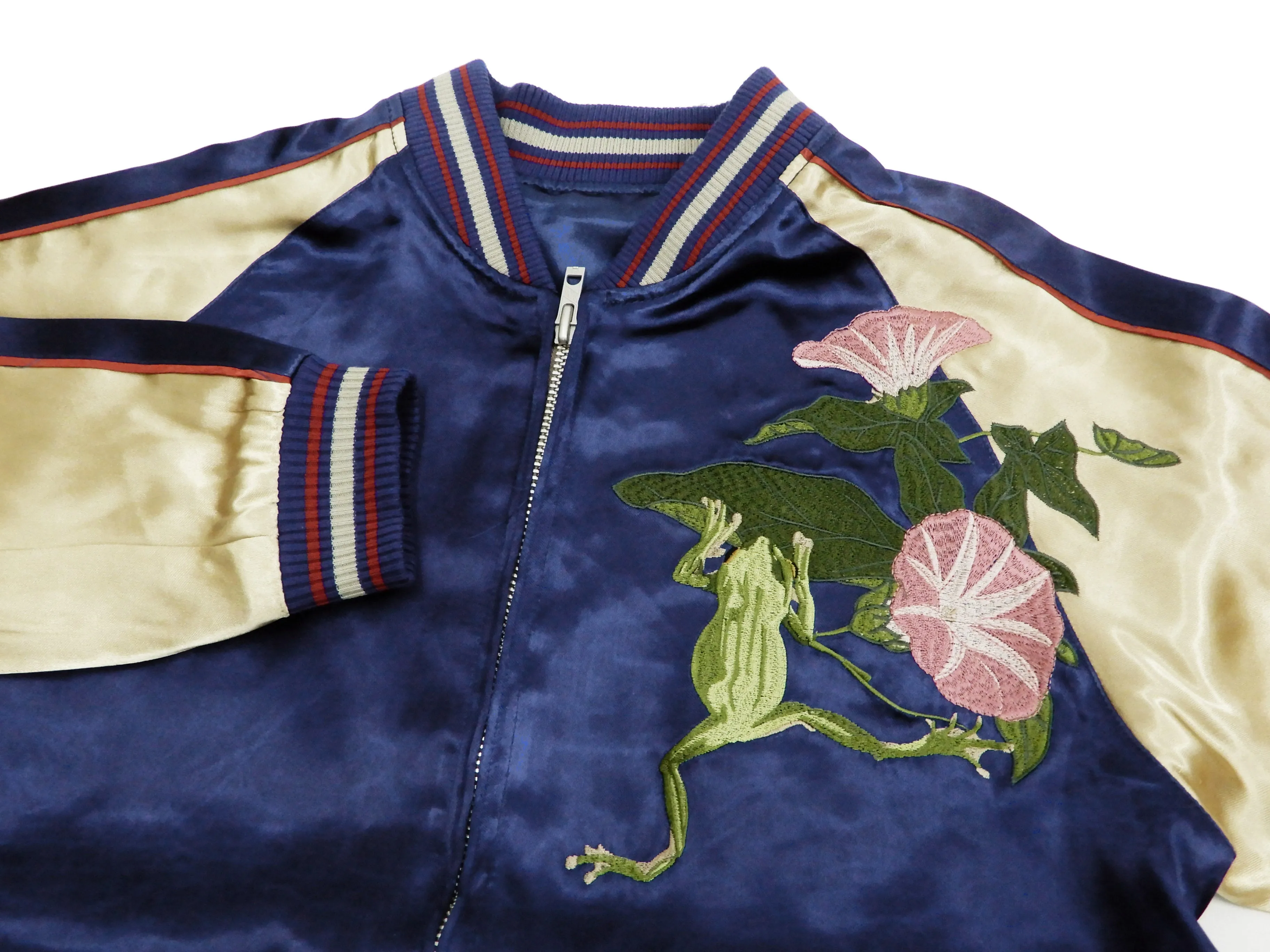 Japanesque Men's Japanese Souvenir Jacket Tree Frog Sukajan 3RSJ-043 Navy-Blue/Beige