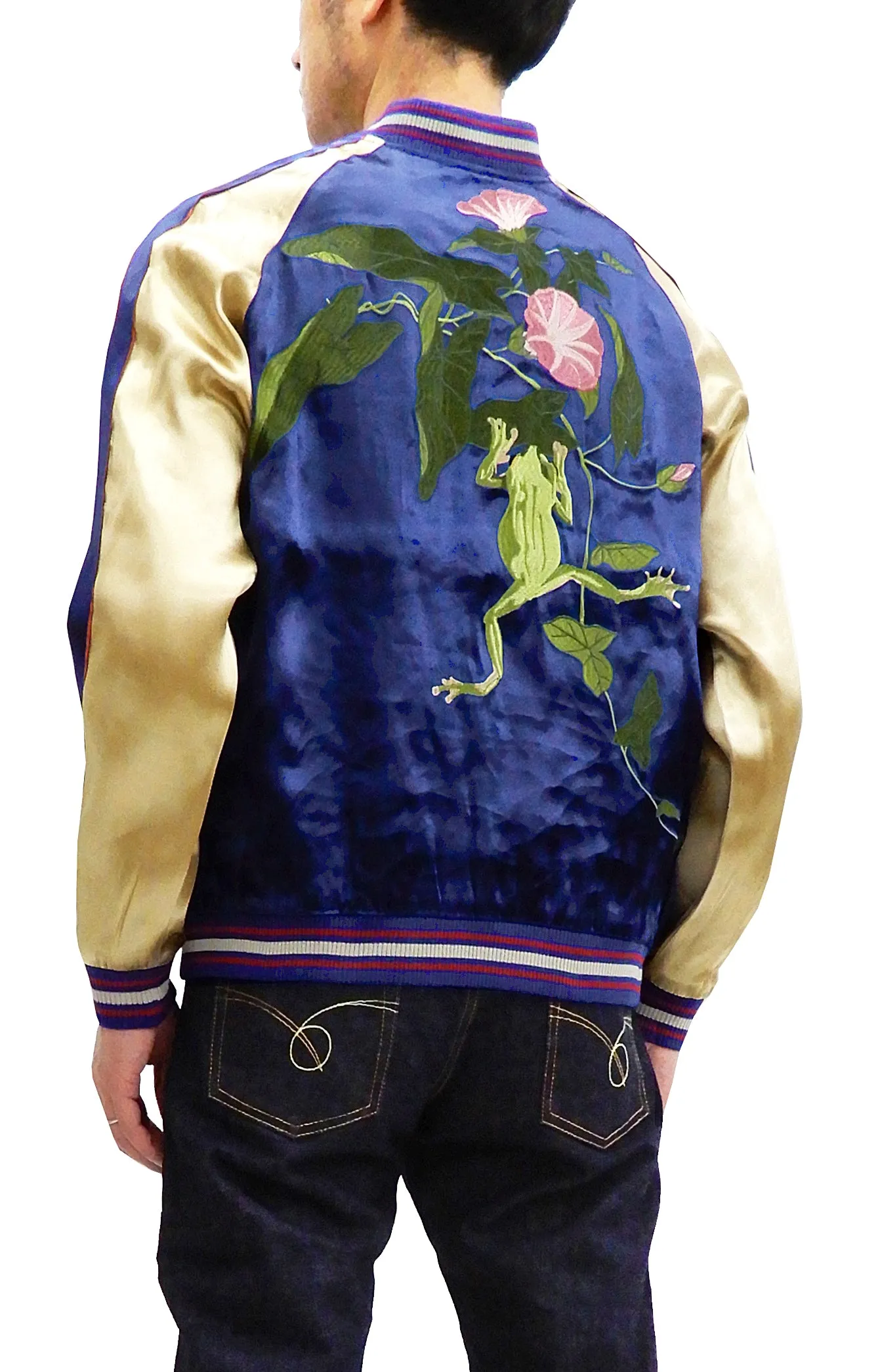 Japanesque Men's Japanese Souvenir Jacket Tree Frog Sukajan 3RSJ-043 Navy-Blue/Beige