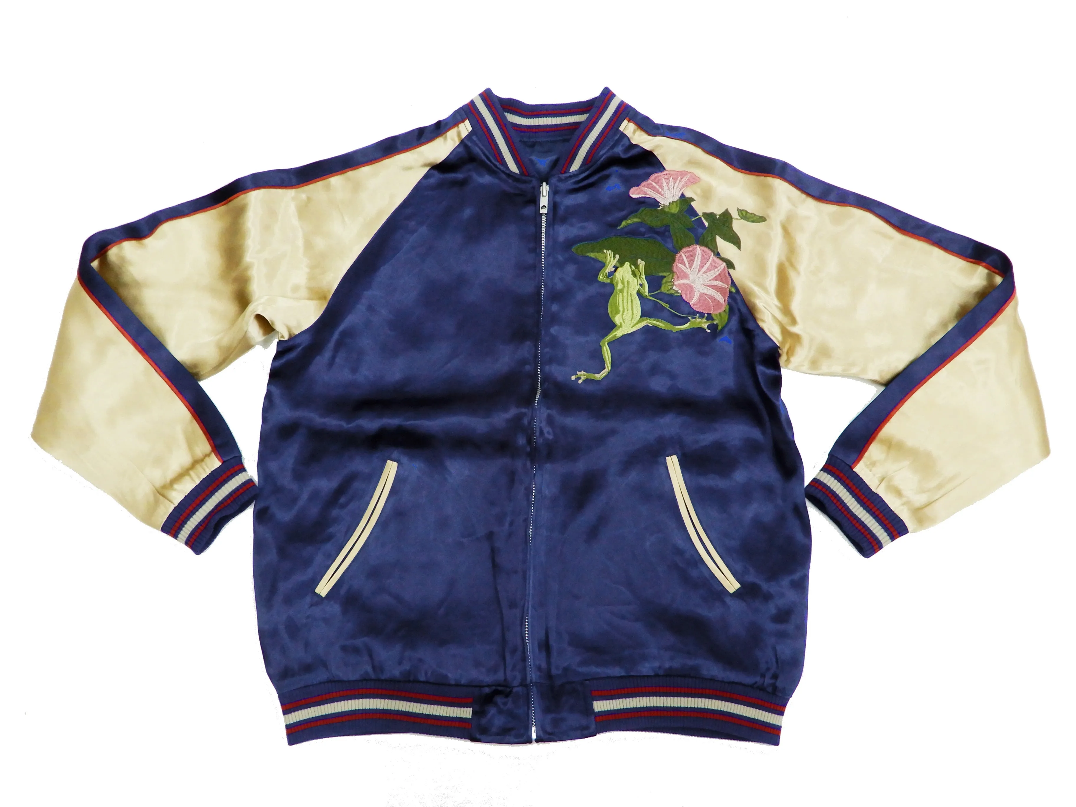 Japanesque Men's Japanese Souvenir Jacket Tree Frog Sukajan 3RSJ-043 Navy-Blue/Beige