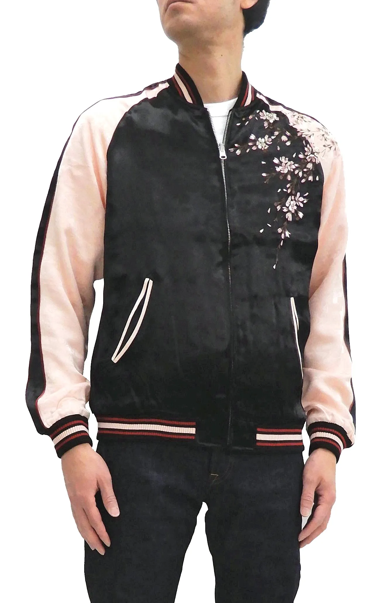 Japanesque Sukajan Jacket Men's Japanese Souvenir Jacket Weeping Cherry 3RSJ-753 Black/Pink