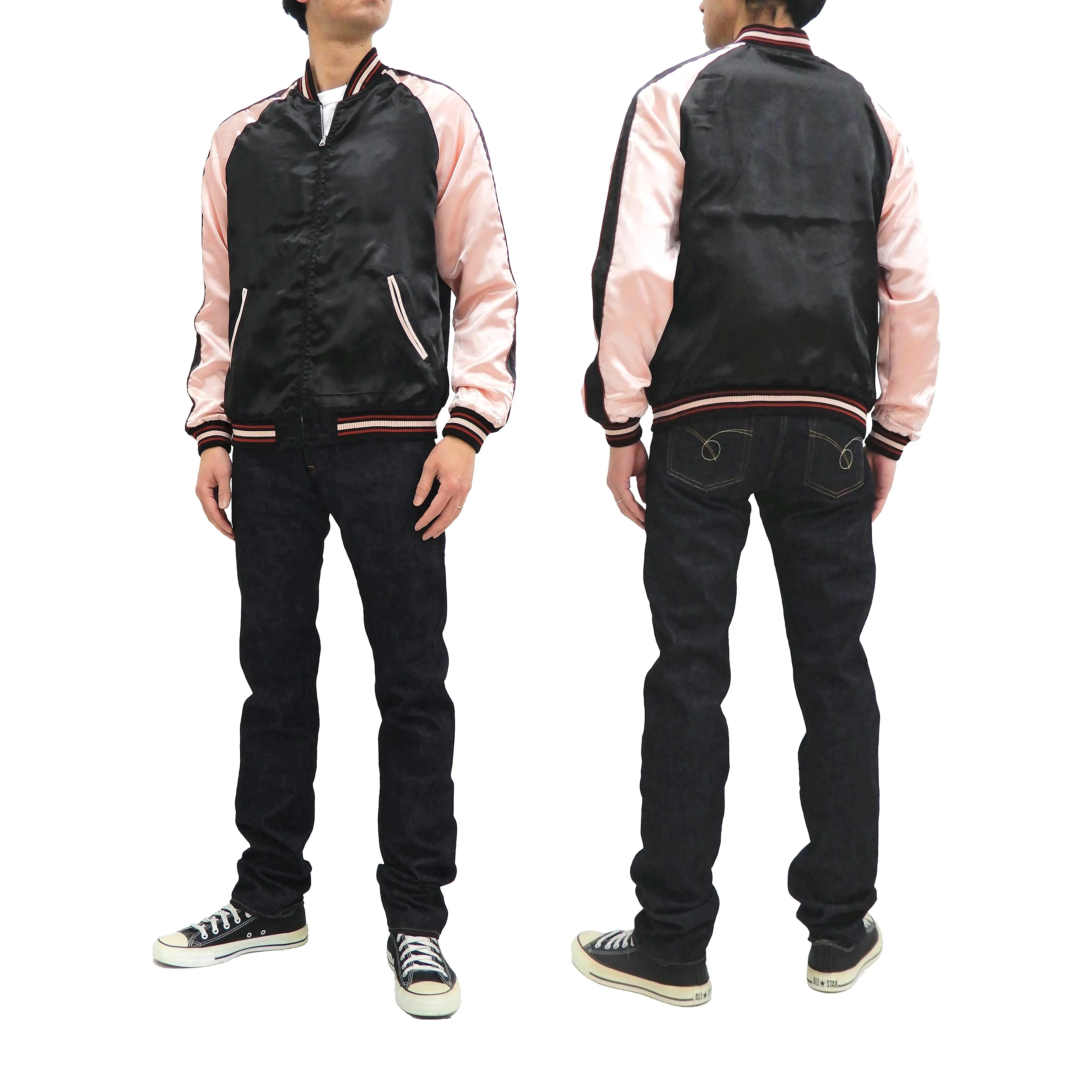 Japanesque Sukajan Jacket Men's Japanese Souvenir Jacket Weeping Cherry 3RSJ-753 Black/Pink