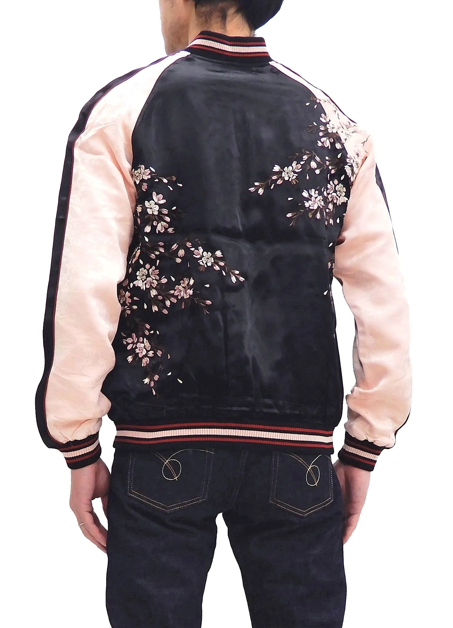 Japanesque Sukajan Jacket Men's Japanese Souvenir Jacket Weeping Cherry 3RSJ-753 Black/Pink