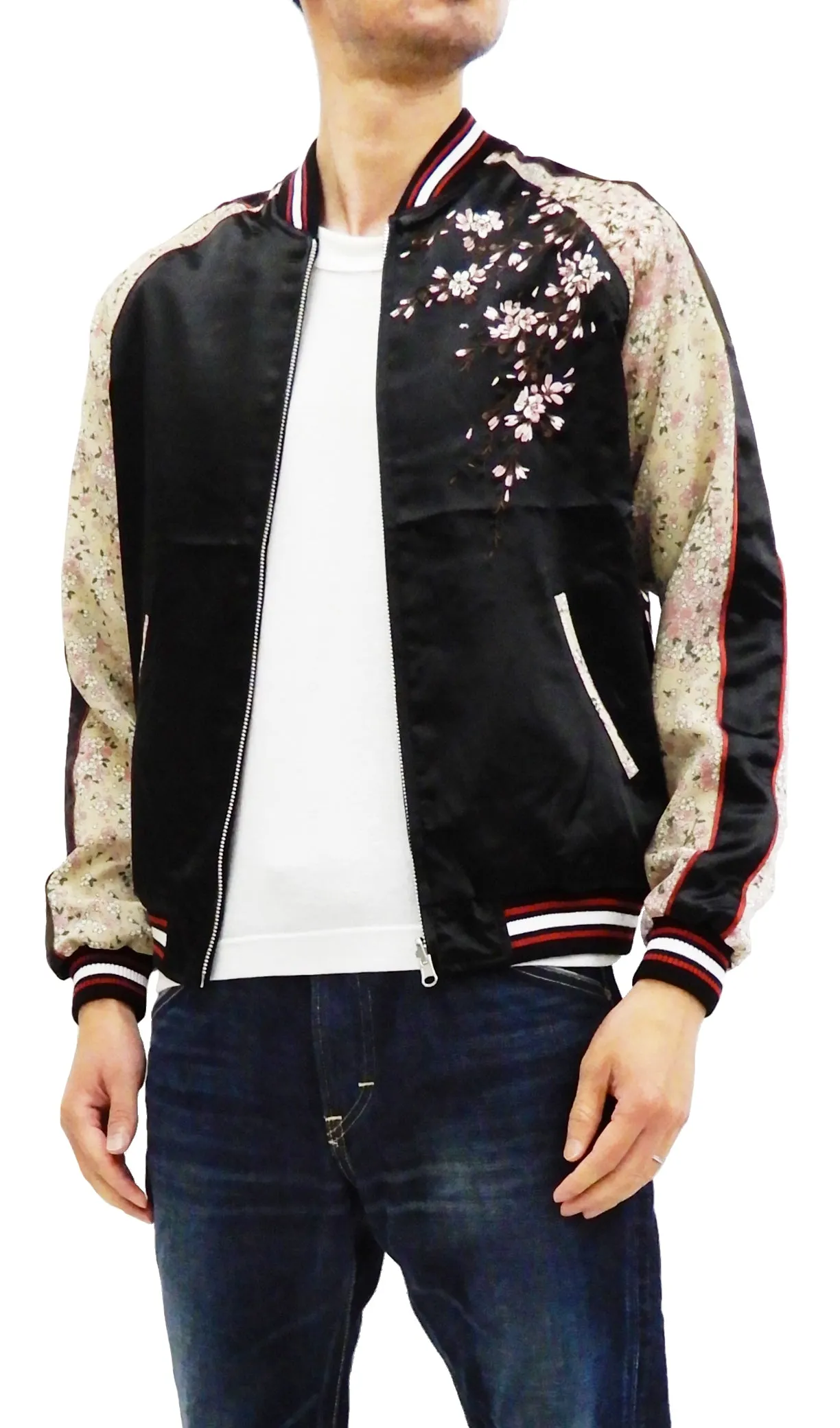 Japanesque Sukajan Men's Japanese Souvenir Jacket Cherry Blossom 3RSJ-301 Black/Beige