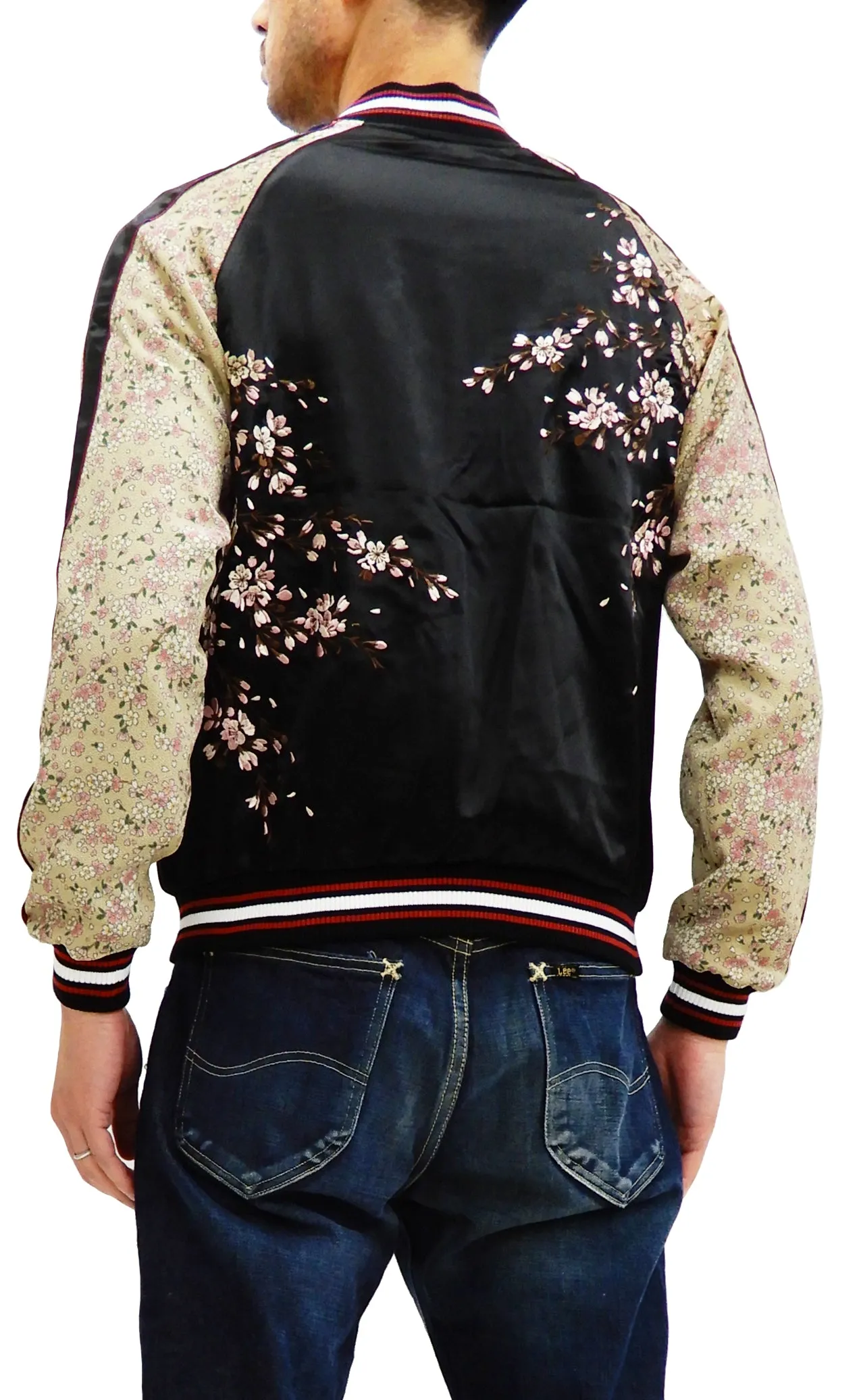 Japanesque Sukajan Men's Japanese Souvenir Jacket Cherry Blossom 3RSJ-301 Black/Beige