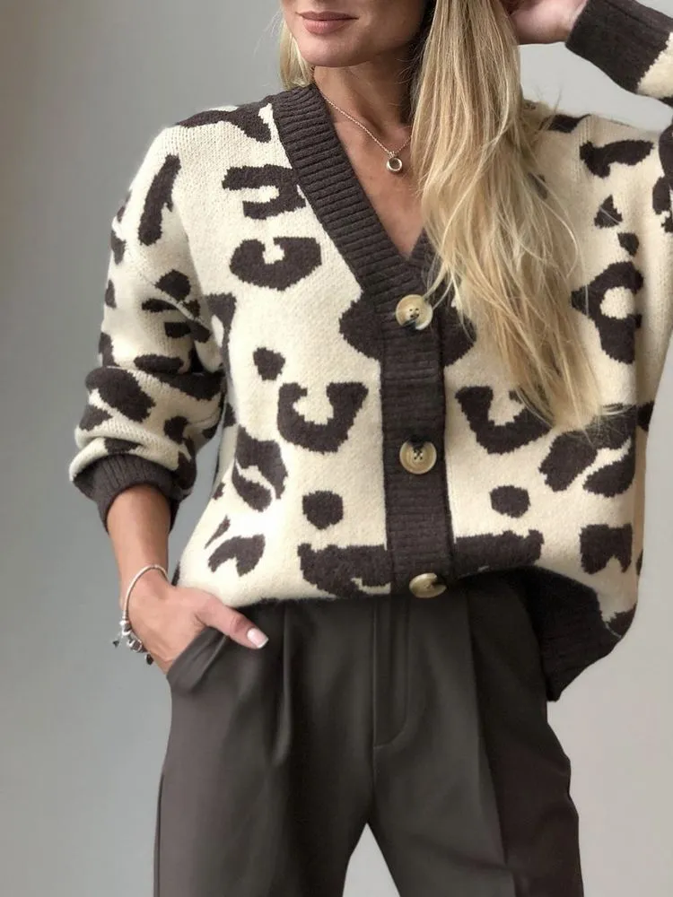 Leopard Print Soft Knitted V-neck Knitted Sweater