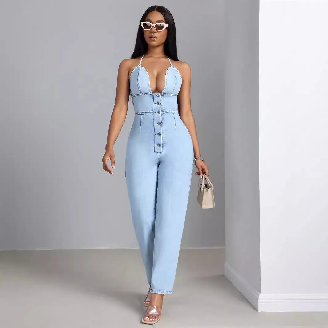 Low-cut Slim One-piece Denim Trousers