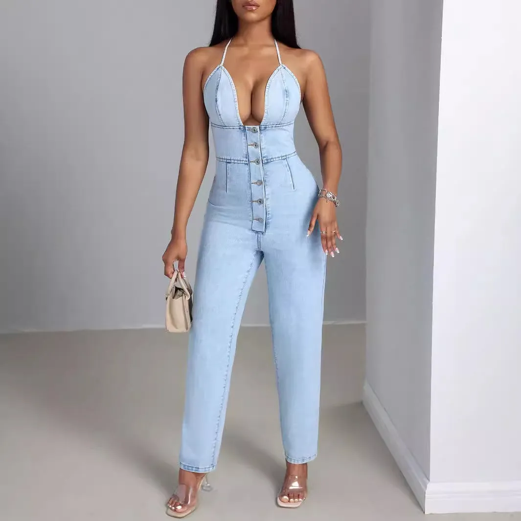 Low-cut Slim One-piece Denim Trousers