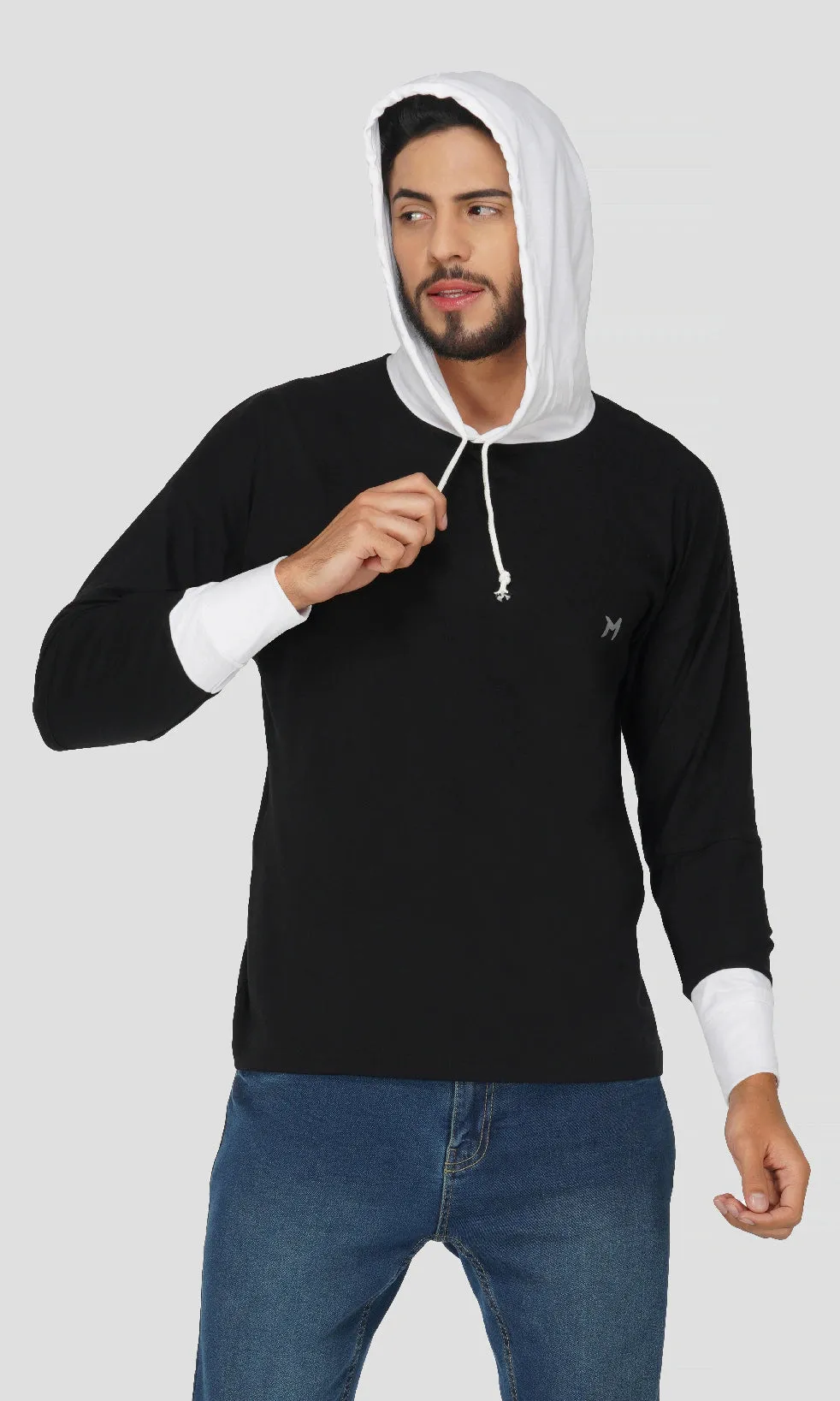 Mebadass Men's ColorBlocked OverSized Hooded T-shirts - Black & White