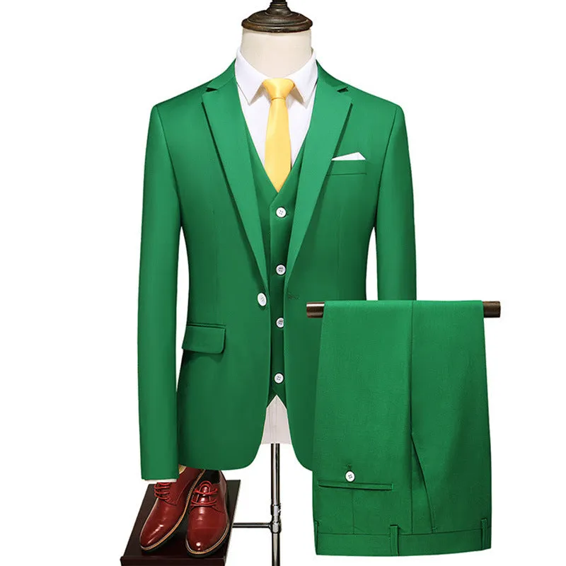 Men's Three-Piece Solid Color Suit for Evening Events, Banquets, or Weddings.