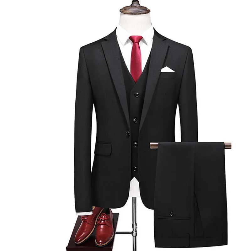 Men's Three-Piece Solid Color Suit for Evening Events, Banquets, or Weddings.