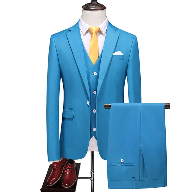 Men's Three-Piece Solid Color Suit for Evening Events, Banquets, or Weddings.