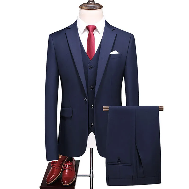 Men's Three-Piece Solid Color Suit for Evening Events, Banquets, or Weddings.