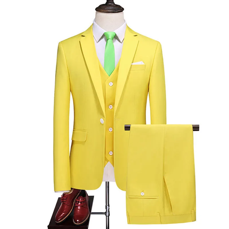 Men's Three-Piece Solid Color Suit for Evening Events, Banquets, or Weddings.