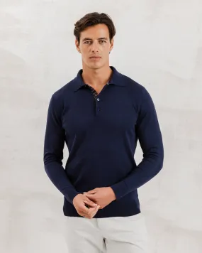 Navy Knit Polo with Check Accents