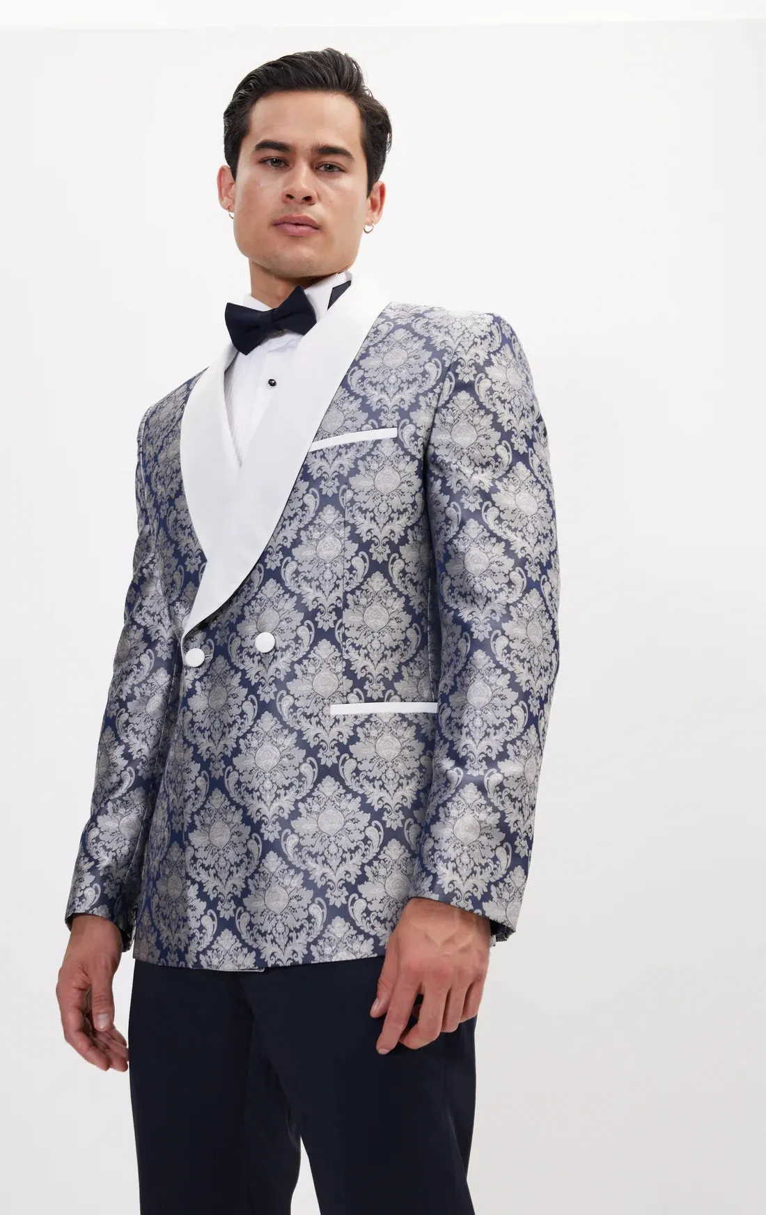 Ornate Floral Jacquard Tuxedo - Navy/Grey/White