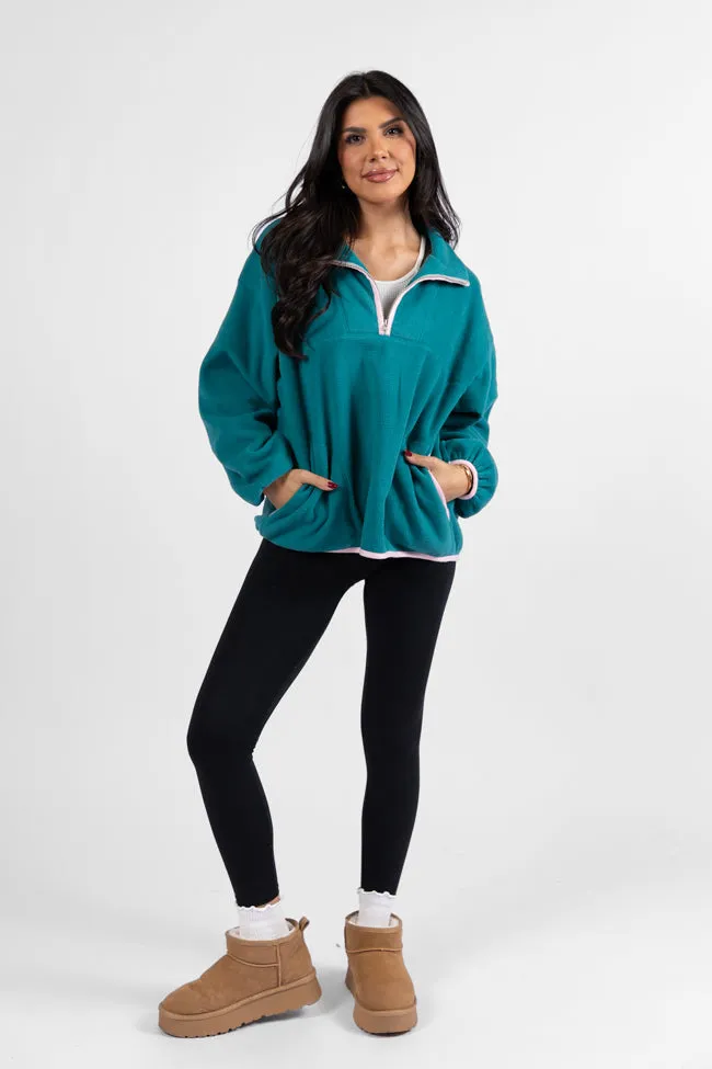 Outside The Box Jade and Pink Contrast Trim Fleece Pullover SALE