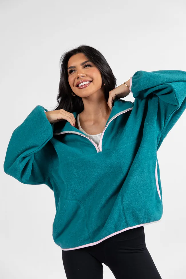 Outside The Box Jade and Pink Contrast Trim Fleece Pullover SALE