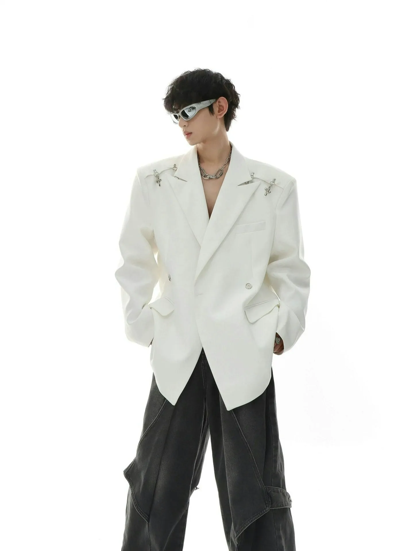 Oversized Double-Breasted Blazer with Peak Lapels and SIlver Accents