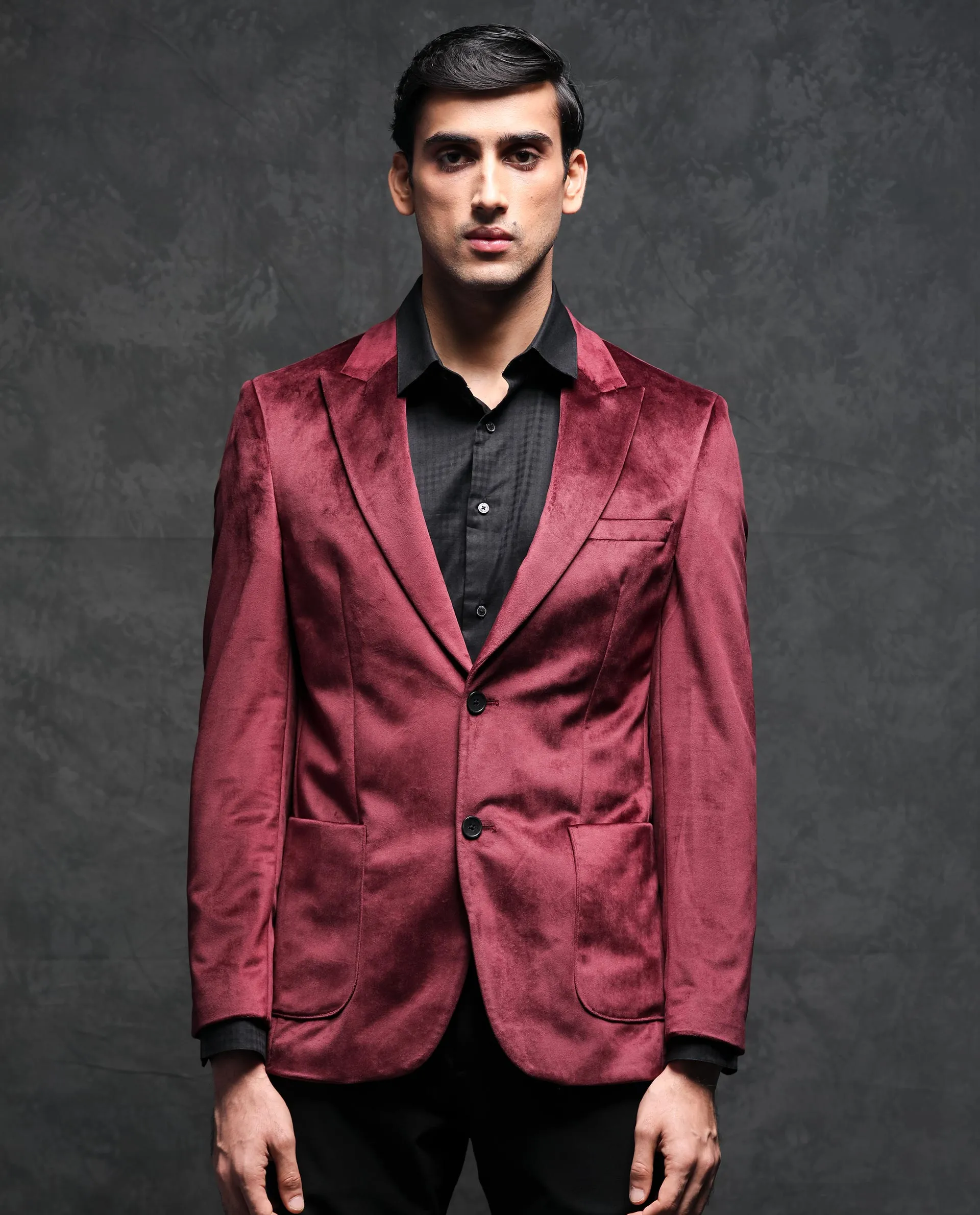 Rare Rabbit Men's Mazey Maroon Polyester Fabric Peak Lapel Single Breasted Tailored Fit Velvet Blazer