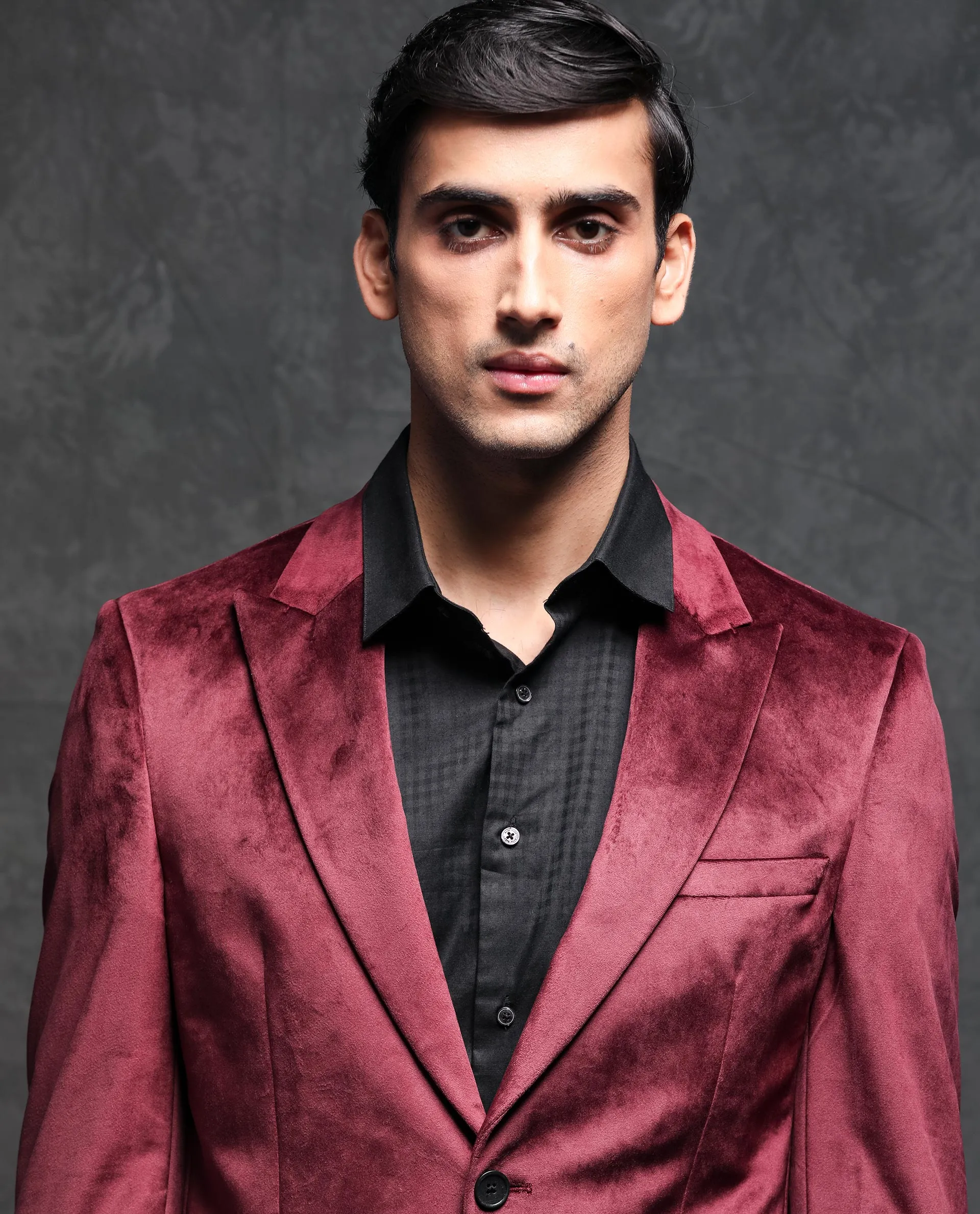 Rare Rabbit Men's Mazey Maroon Polyester Fabric Peak Lapel Single Breasted Tailored Fit Velvet Blazer