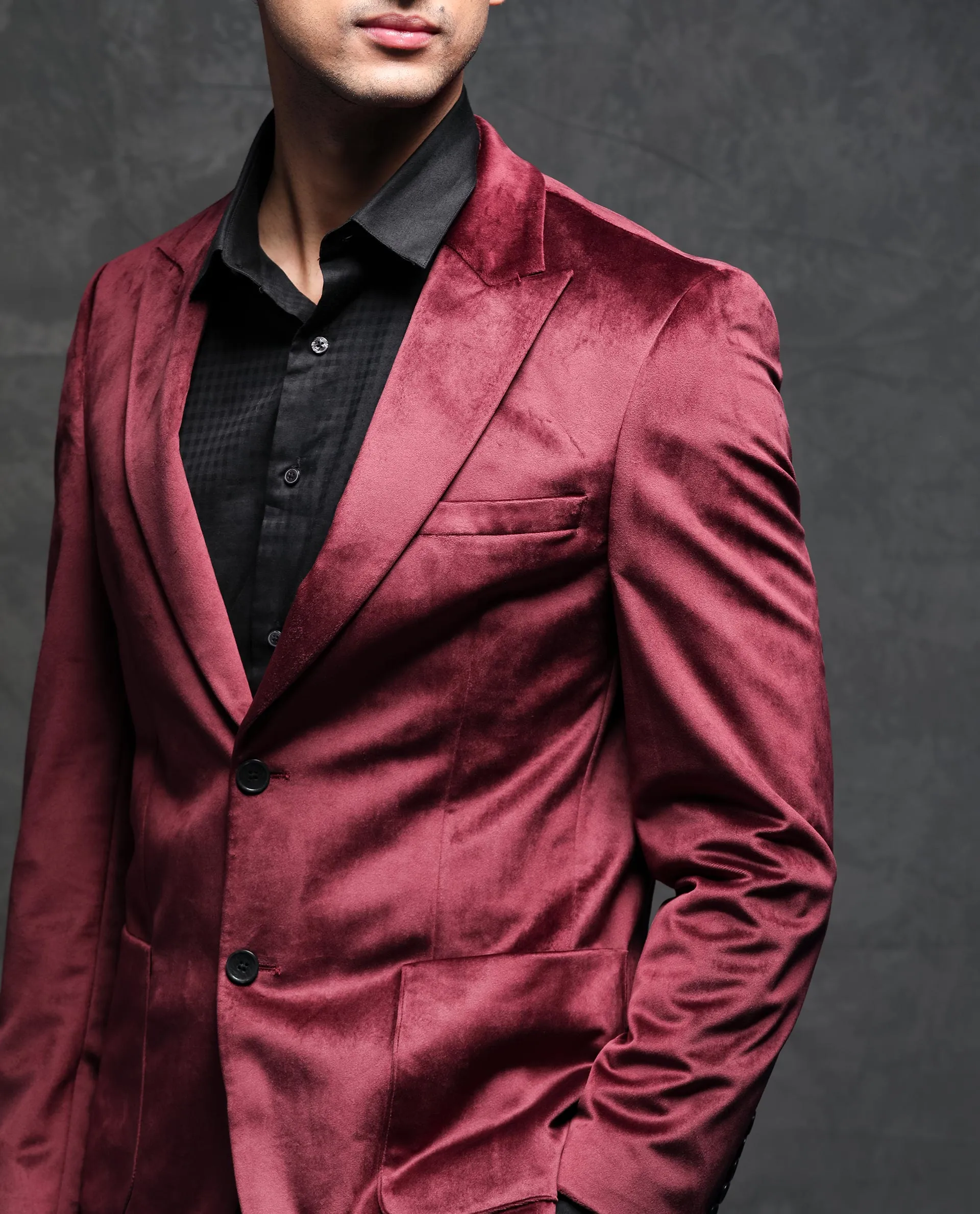 Rare Rabbit Men's Mazey Maroon Polyester Fabric Peak Lapel Single Breasted Tailored Fit Velvet Blazer