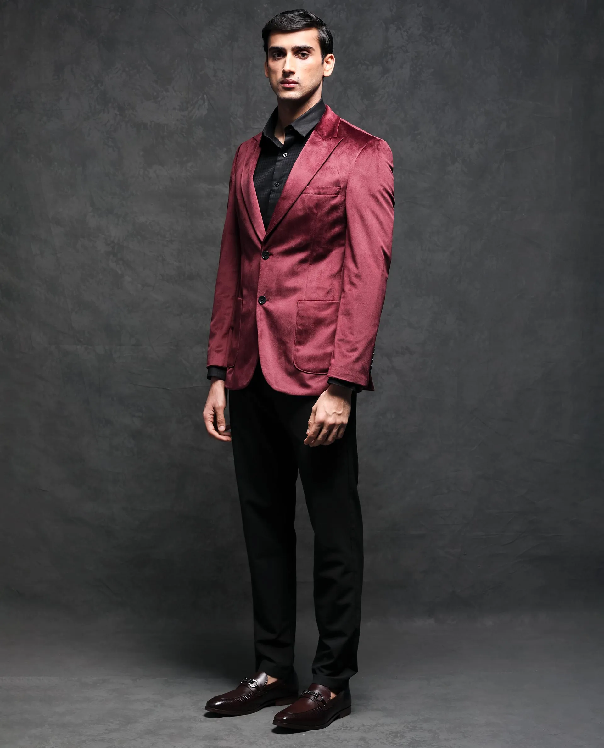 Rare Rabbit Men's Mazey Maroon Polyester Fabric Peak Lapel Single Breasted Tailored Fit Velvet Blazer