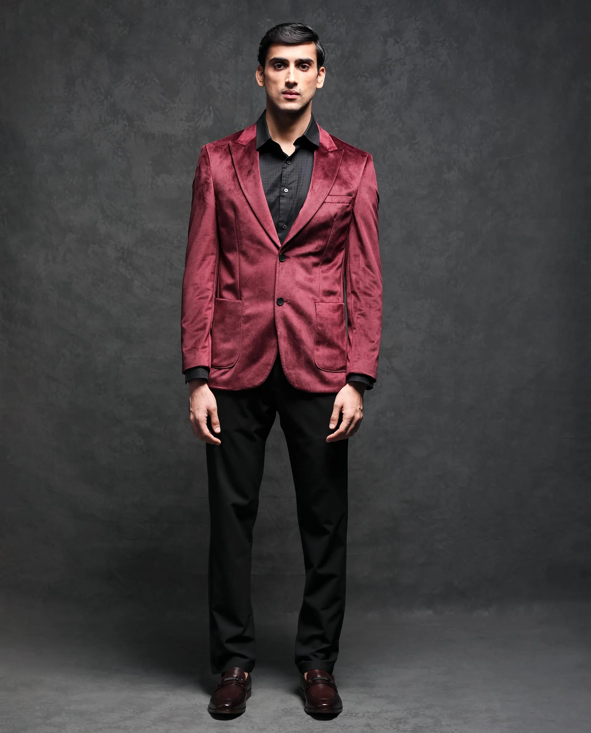 Rare Rabbit Men's Mazey Maroon Polyester Fabric Peak Lapel Single Breasted Tailored Fit Velvet Blazer