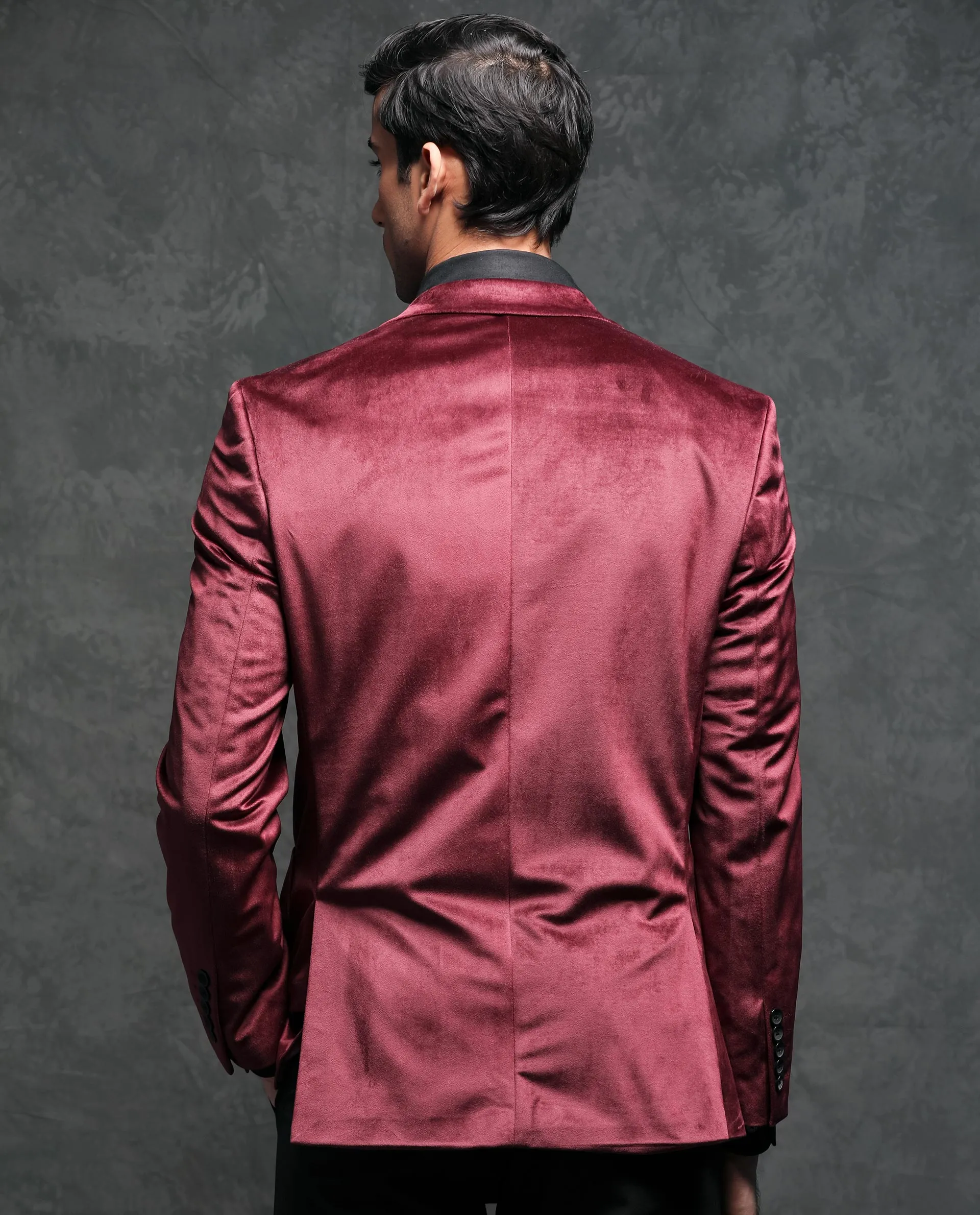 Rare Rabbit Men's Mazey Maroon Polyester Fabric Peak Lapel Single Breasted Tailored Fit Velvet Blazer