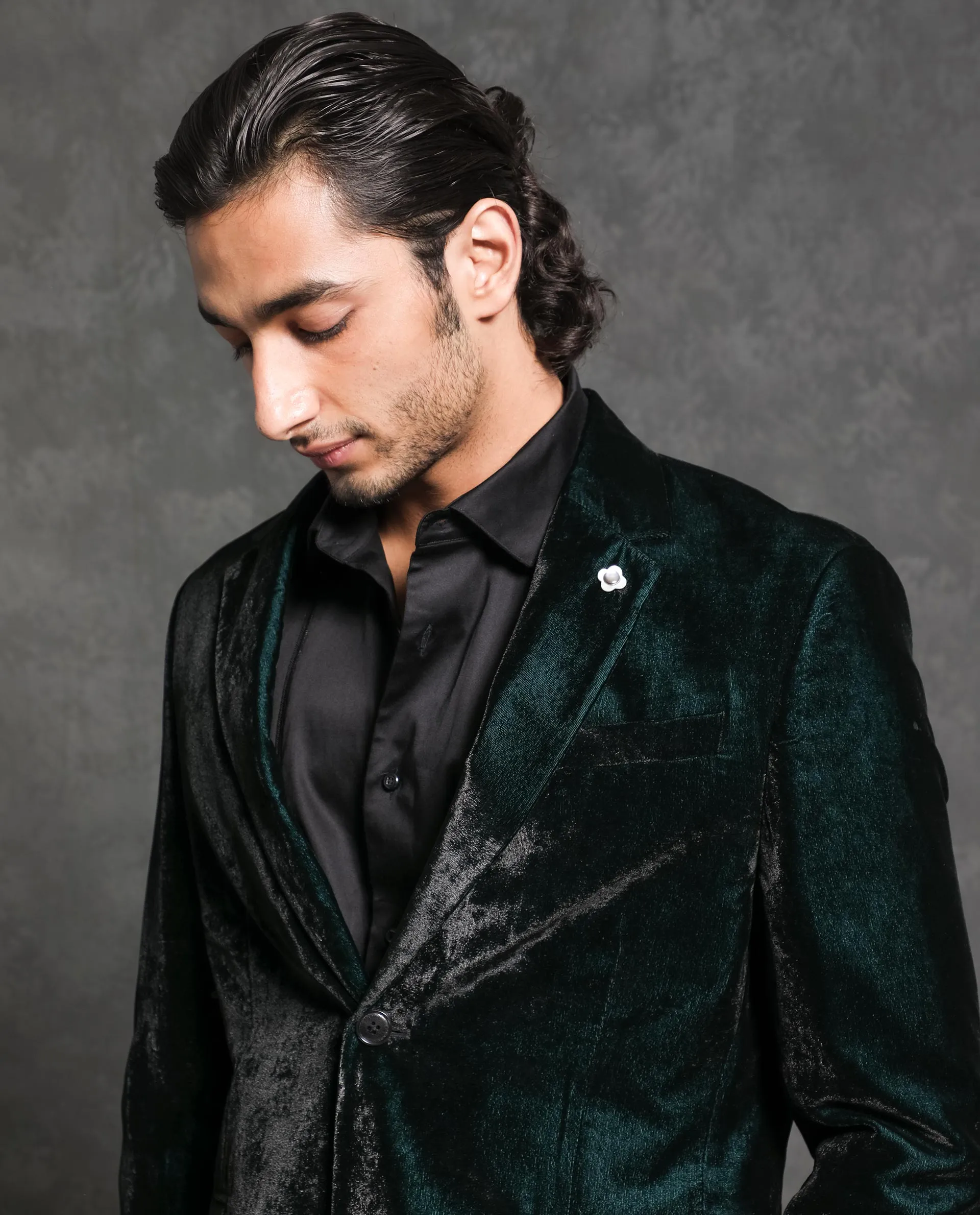 Rare Rabbit Men's Velter Dark Teal Polyester Viscose Fabric Single Breasted Tailored Fit Two Tone Velvet Blazer