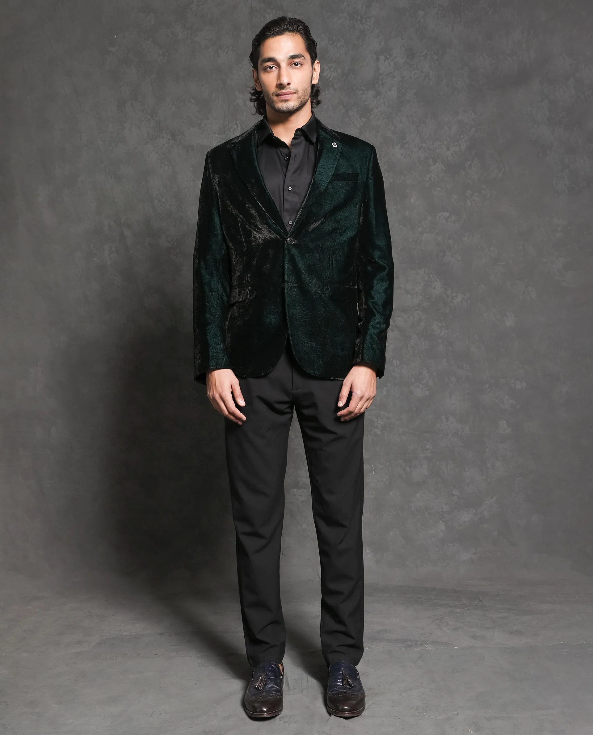 Rare Rabbit Men's Velter Dark Teal Polyester Viscose Fabric Single Breasted Tailored Fit Two Tone Velvet Blazer