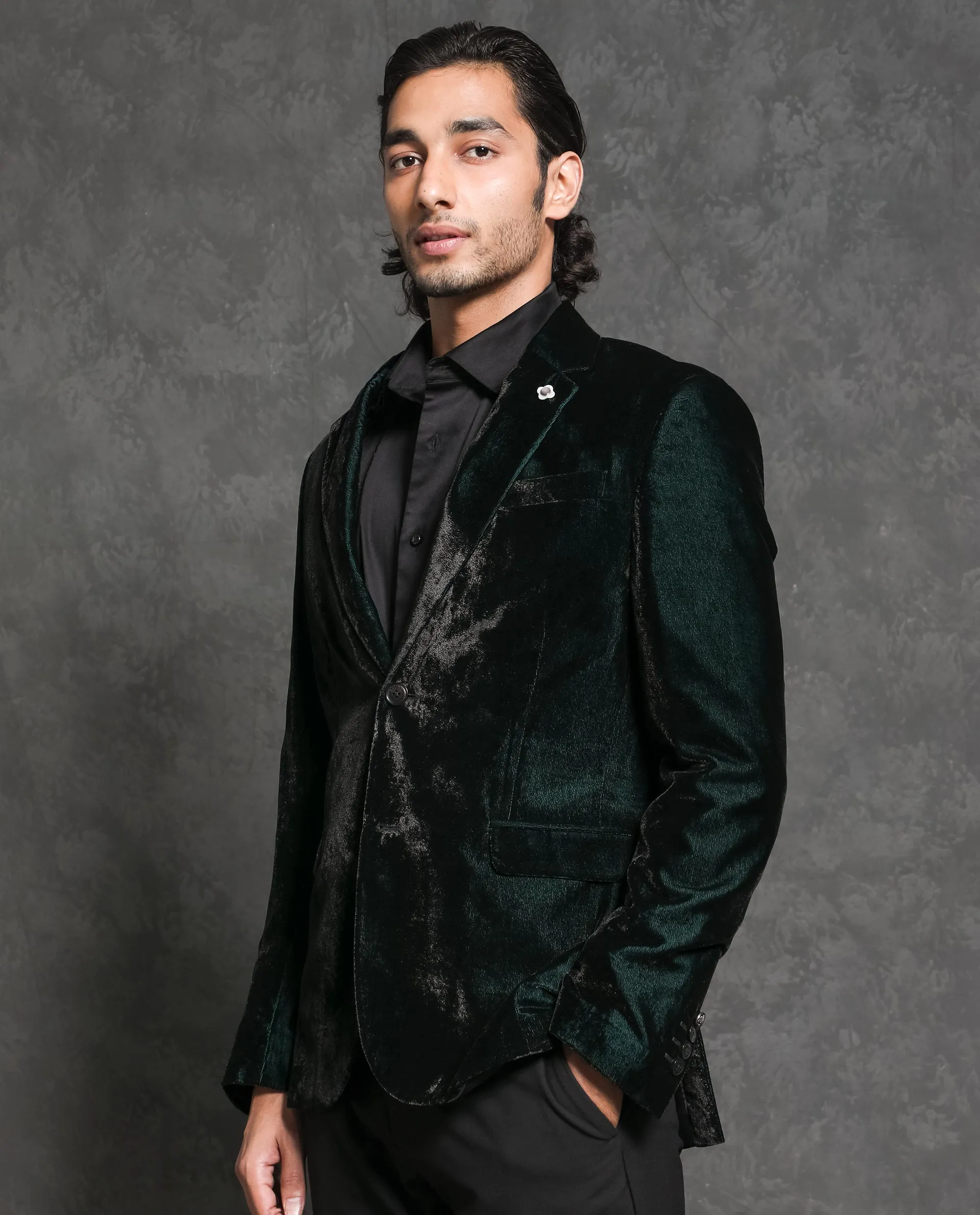 Rare Rabbit Men's Velter Dark Teal Polyester Viscose Fabric Single Breasted Tailored Fit Two Tone Velvet Blazer