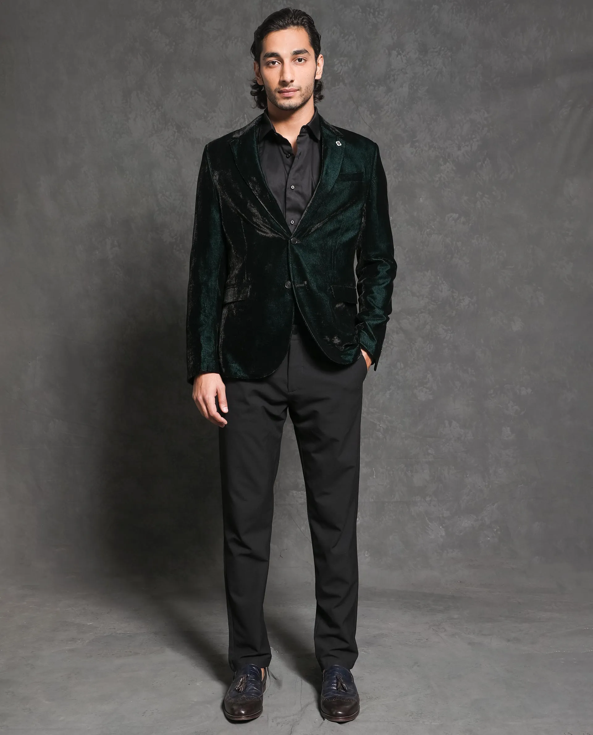 Rare Rabbit Men's Velter Dark Teal Polyester Viscose Fabric Single Breasted Tailored Fit Two Tone Velvet Blazer