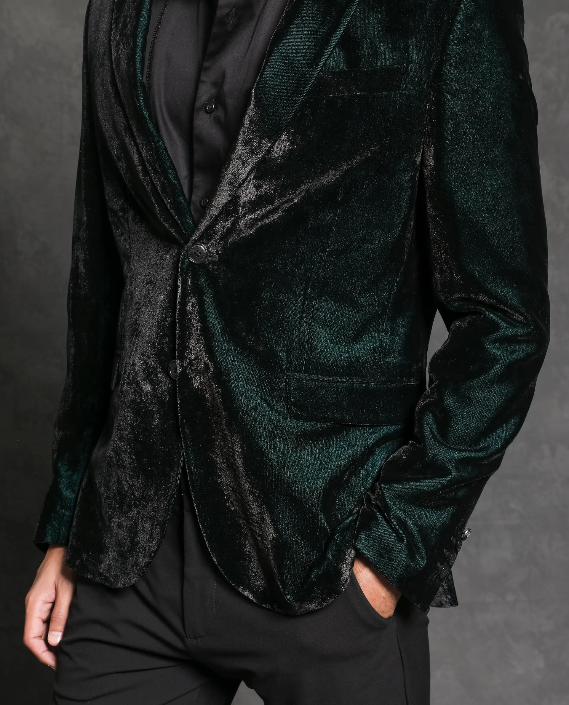 Rare Rabbit Men's Velter Dark Teal Polyester Viscose Fabric Single Breasted Tailored Fit Two Tone Velvet Blazer