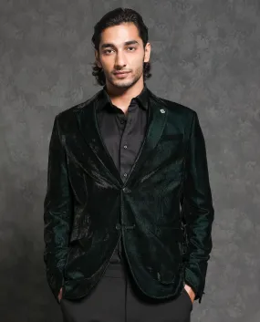 Rare Rabbit Men's Velter Dark Teal Polyester Viscose Fabric Single Breasted Tailored Fit Two Tone Velvet Blazer