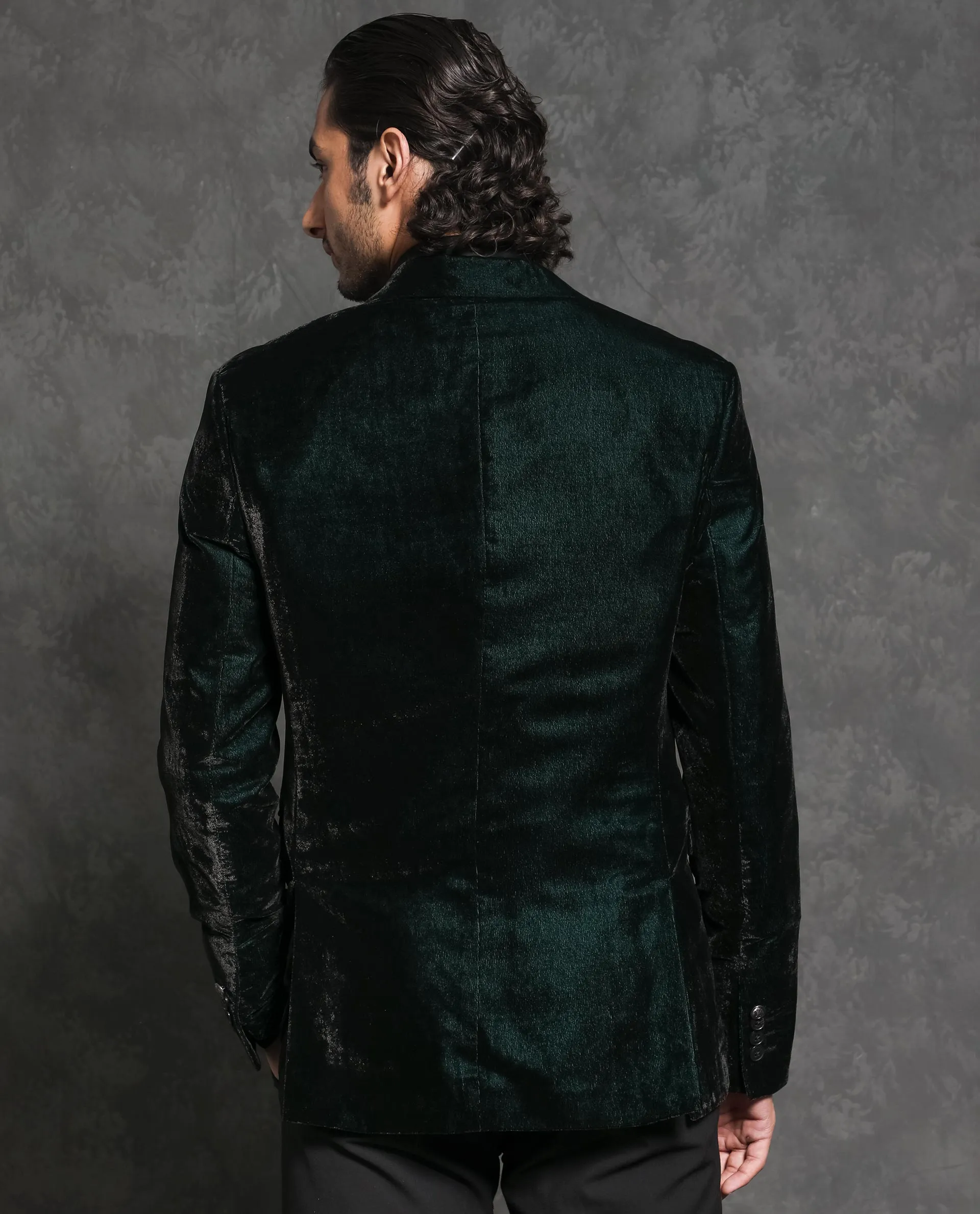 Rare Rabbit Men's Velter Dark Teal Polyester Viscose Fabric Single Breasted Tailored Fit Two Tone Velvet Blazer