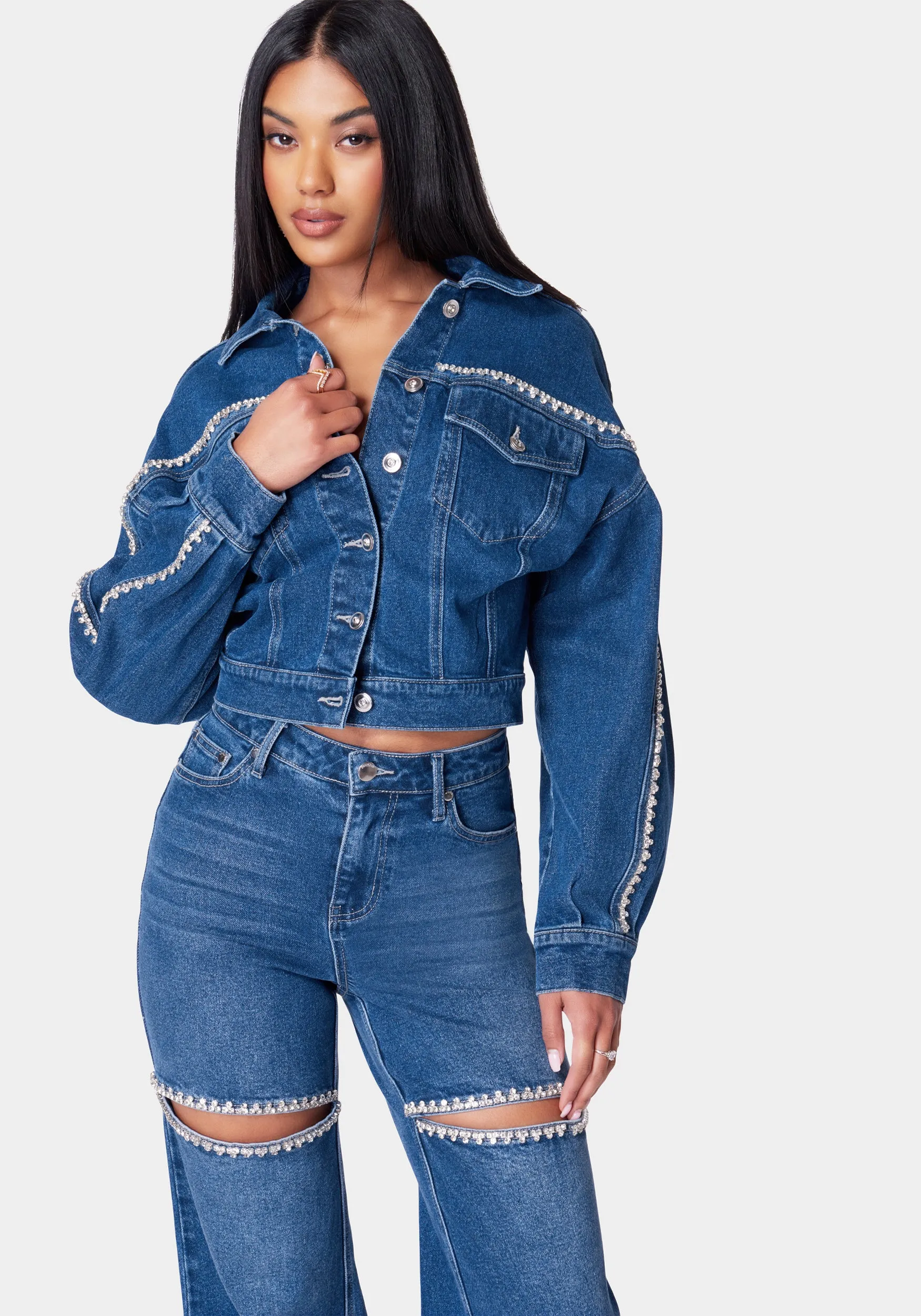 Rhinestone Detail Button Front Denim Jacket