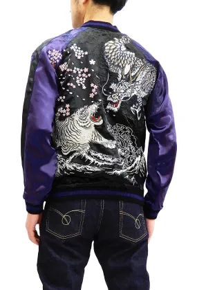 Satori Script Men's Japanese Souvenir Jacket Dragon and Tiger Sukajan GSJR-020 Black/Dark-Blue