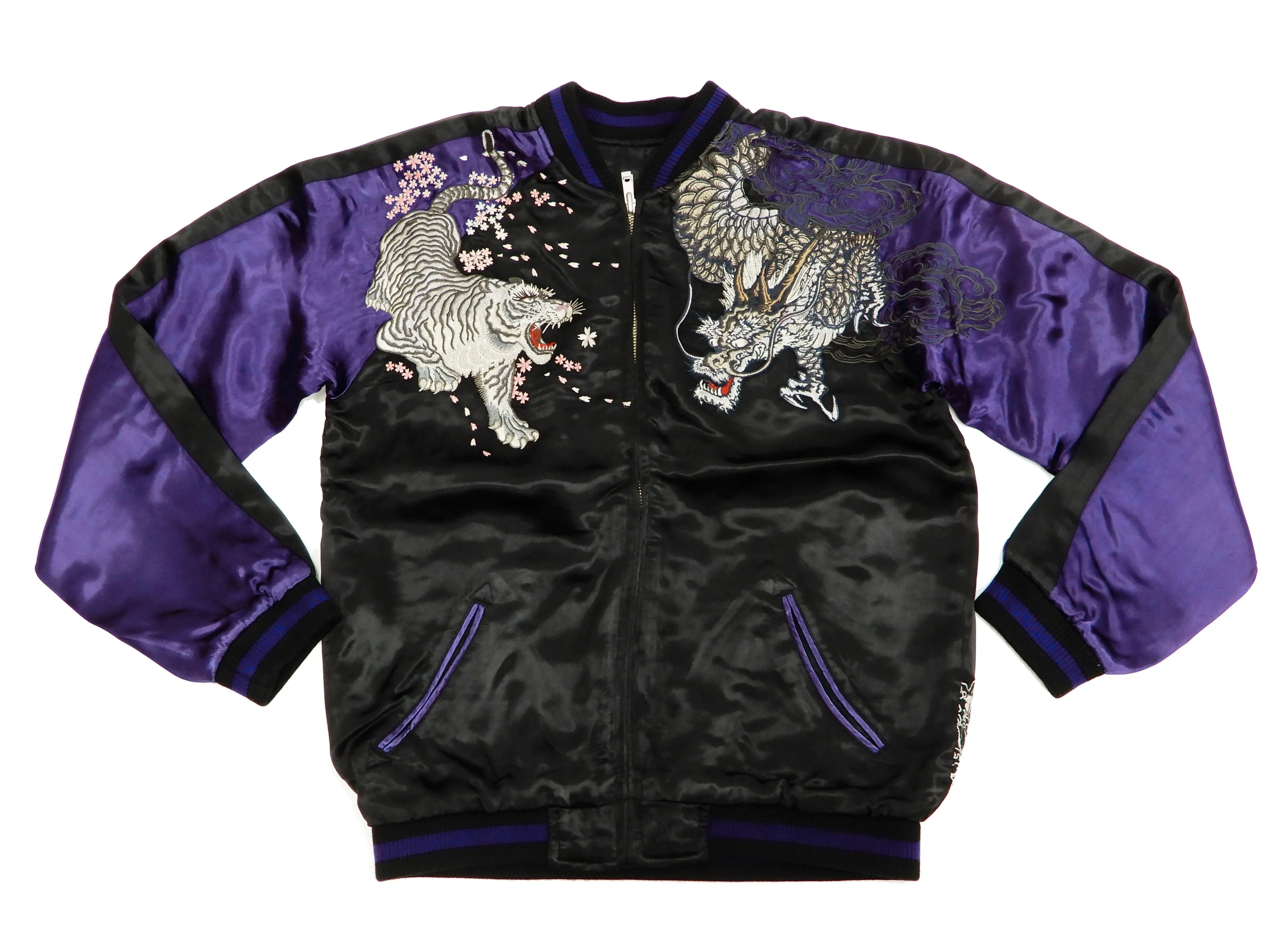 Satori Script Men's Japanese Souvenir Jacket Dragon and Tiger Sukajan GSJR-020 Black/Dark-Blue