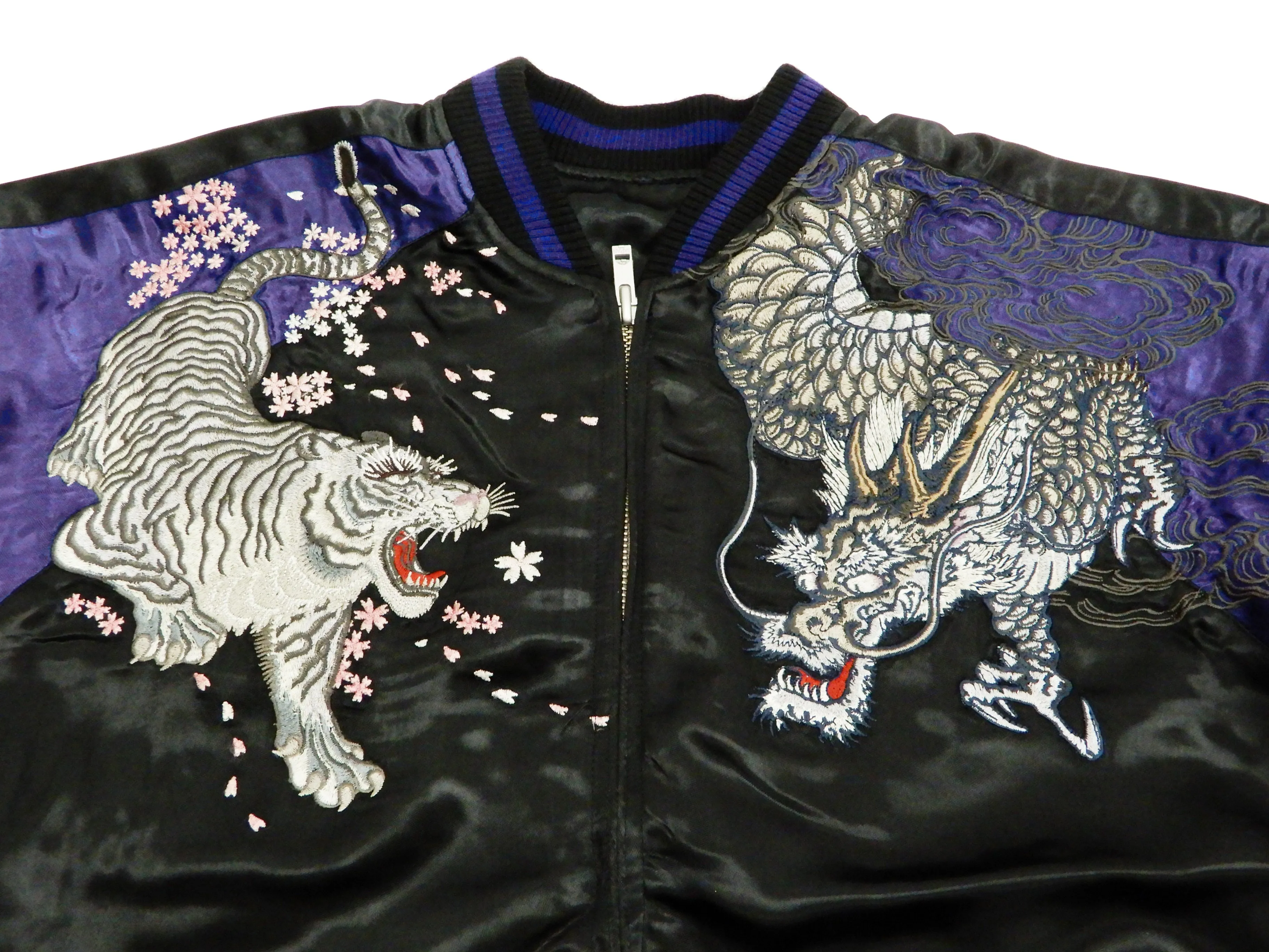 Satori Script Men's Japanese Souvenir Jacket Dragon and Tiger Sukajan GSJR-020 Black/Dark-Blue