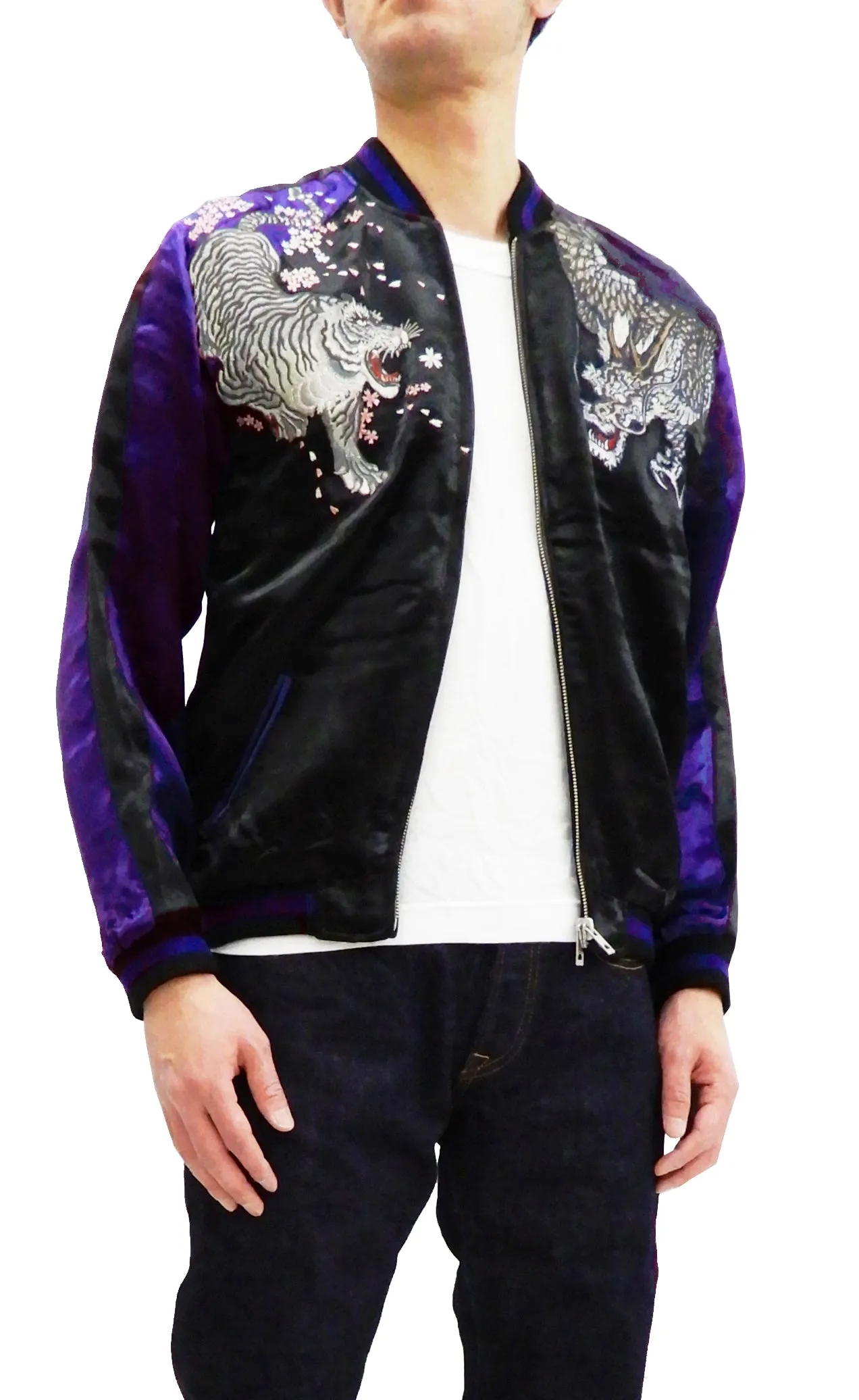 Satori Script Men's Japanese Souvenir Jacket Dragon and Tiger Sukajan GSJR-020 Black/Dark-Blue