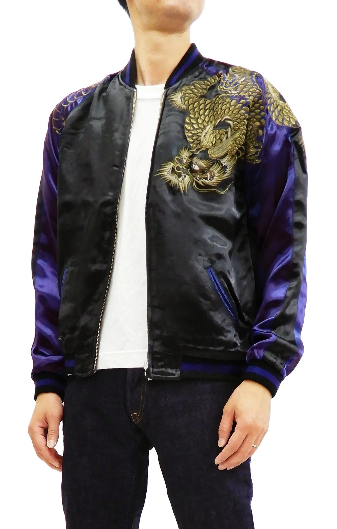 Satori Script Men's Japanese Souvenir Jacket Dragon Embroidered Sukajan GSJR-026 Black/Navy-Blue