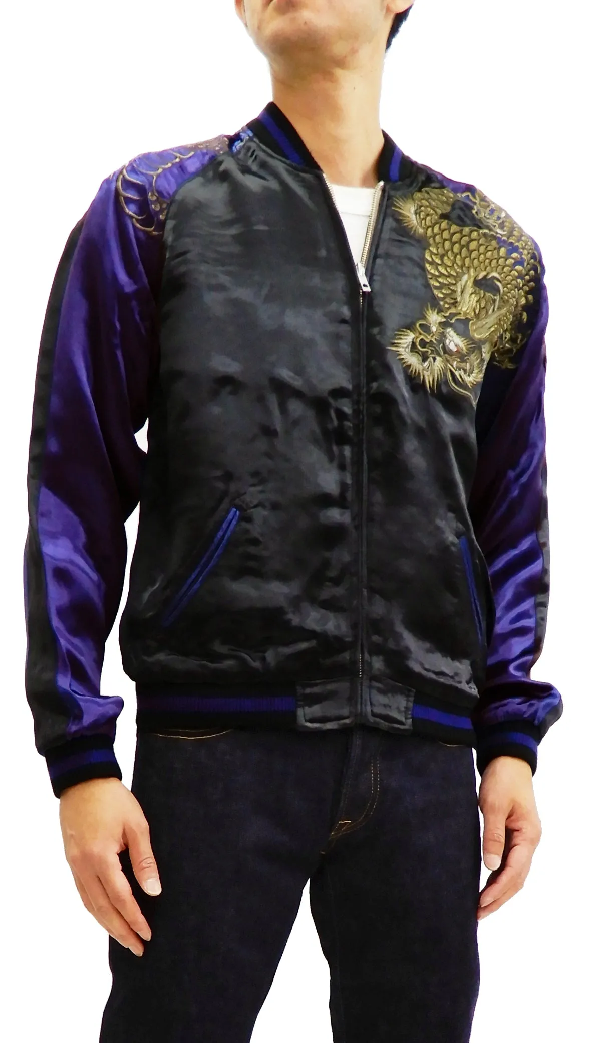 Satori Script Men's Japanese Souvenir Jacket Dragon Embroidered Sukajan GSJR-026 Black/Navy-Blue