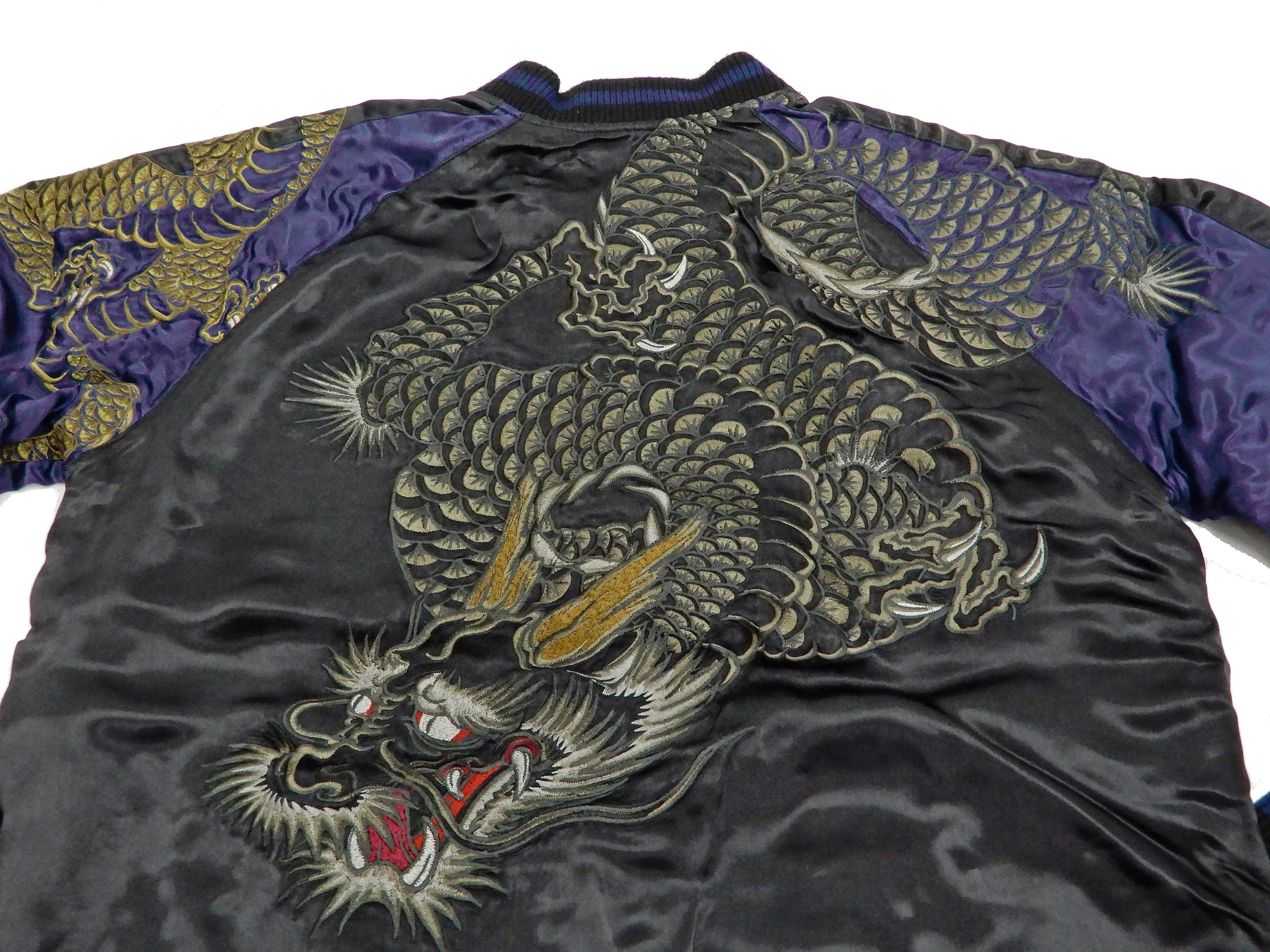 Satori Script Men's Japanese Souvenir Jacket Dragon Embroidered Sukajan GSJR-026 Black/Navy-Blue