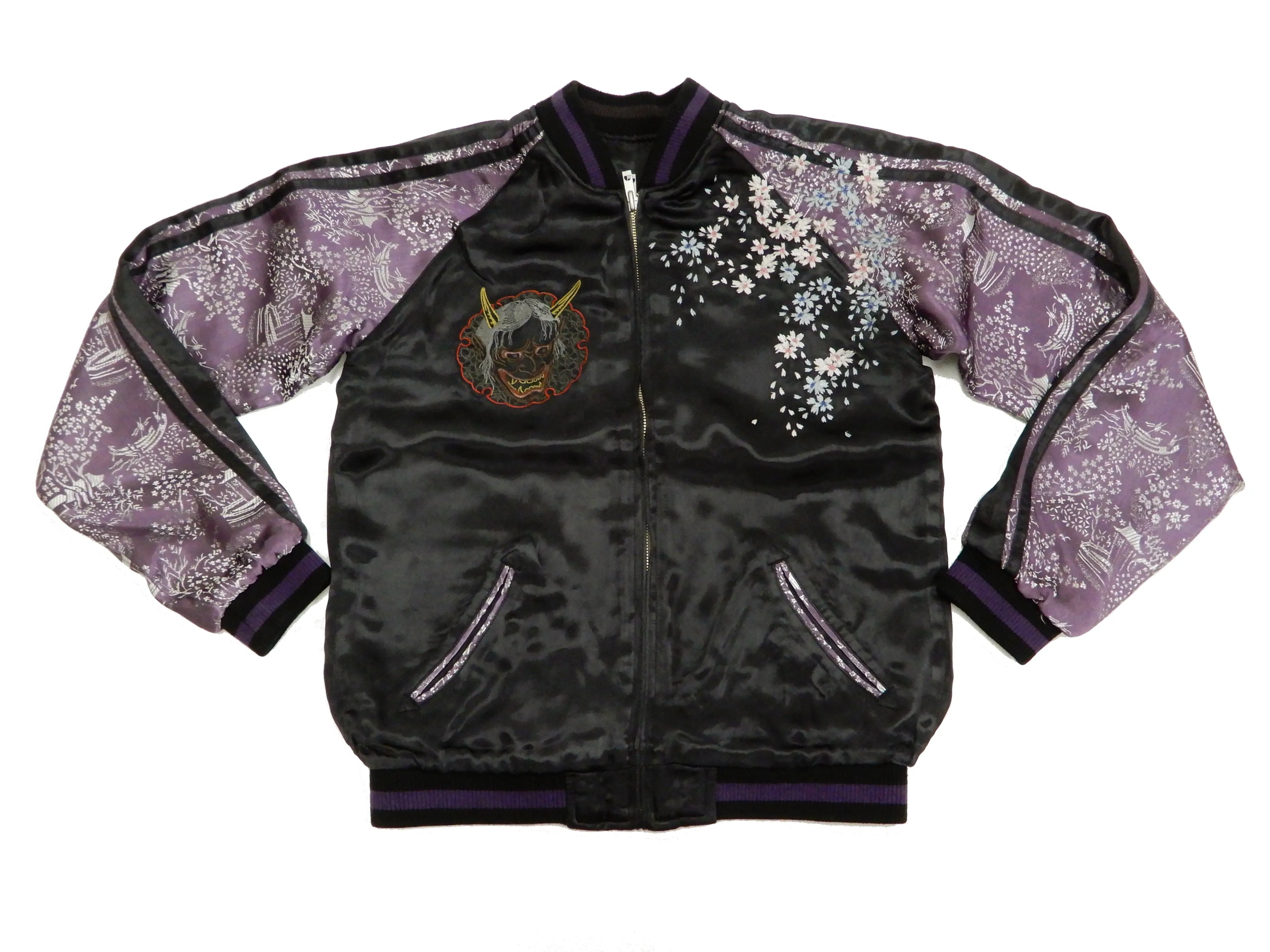 Satori Script Men's Japanese Souvenir Jacket Geisha Skull Sukajan GSJR-024 Black/Purple