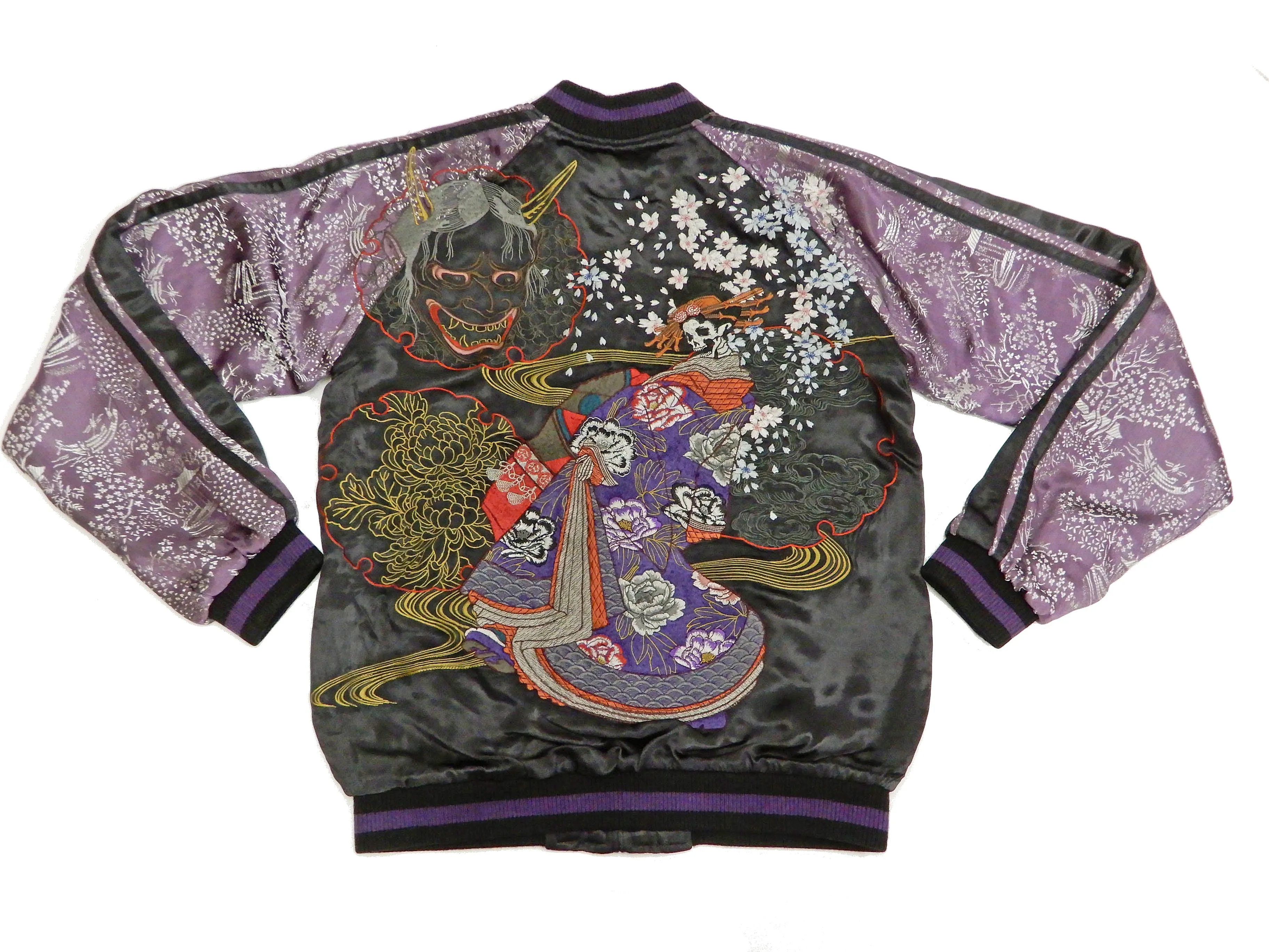 Satori Script Men's Japanese Souvenir Jacket Geisha Skull Sukajan GSJR-024 Black/Purple