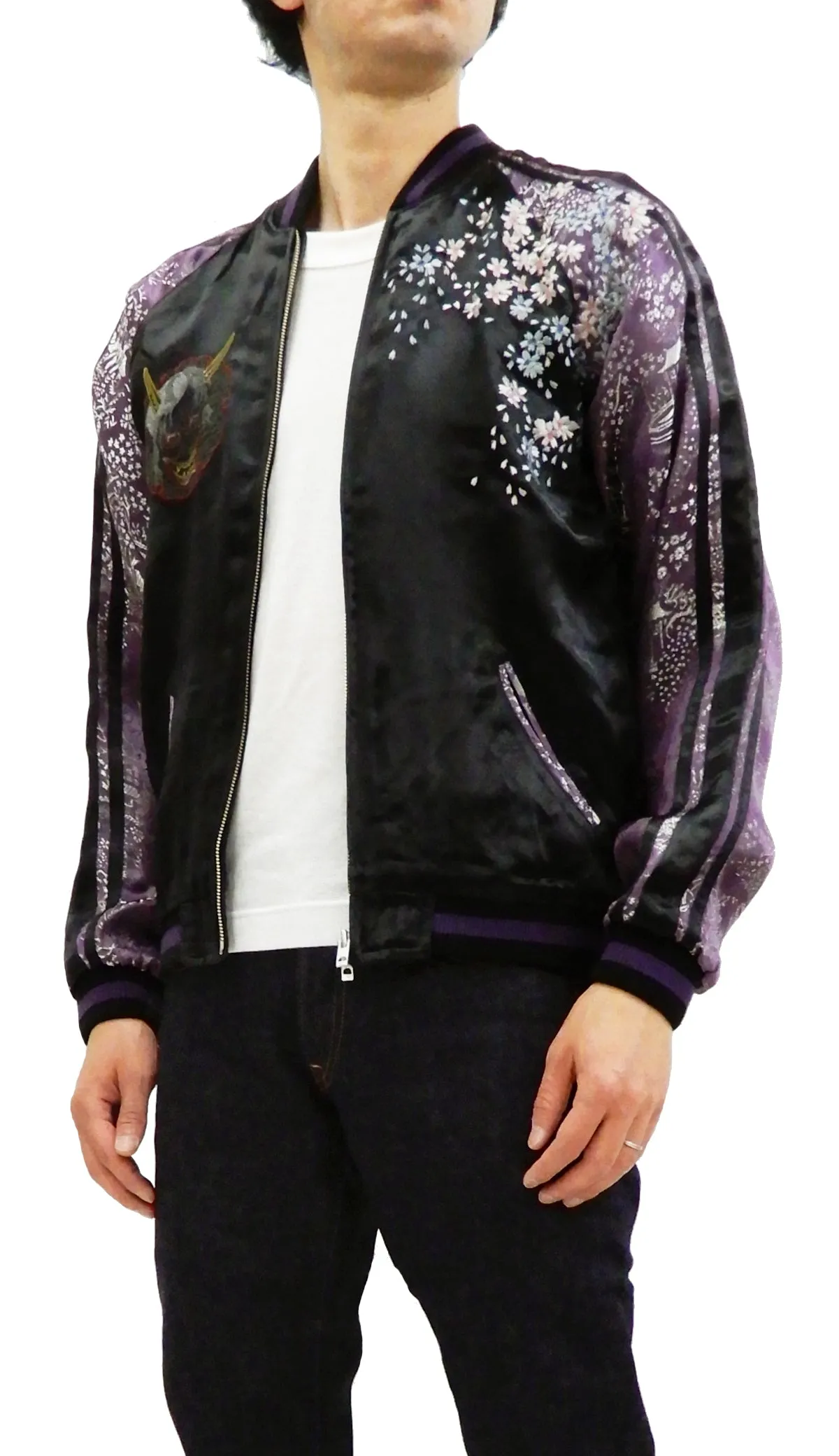 Satori Script Men's Japanese Souvenir Jacket Geisha Skull Sukajan GSJR-024 Black/Purple