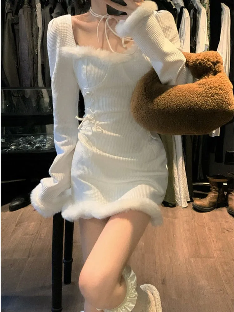 Sexy Bodycon Sweater Dress Woman Korean Fashion  Spring Long Sleeve Knitted Mini Dress Sweet Slim Evening Party Dress Female