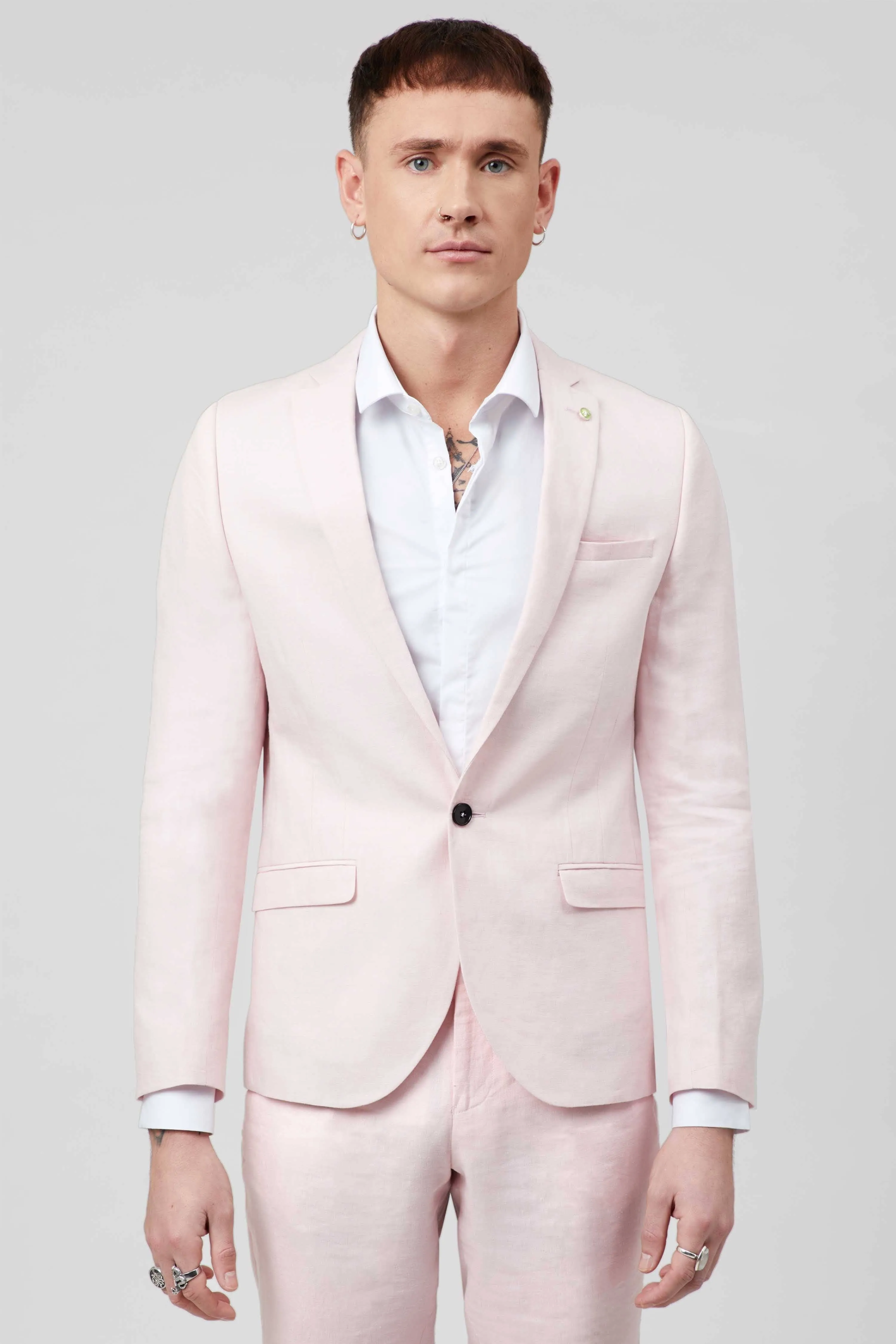 Shades Skinny Fit Pink Linen Suit