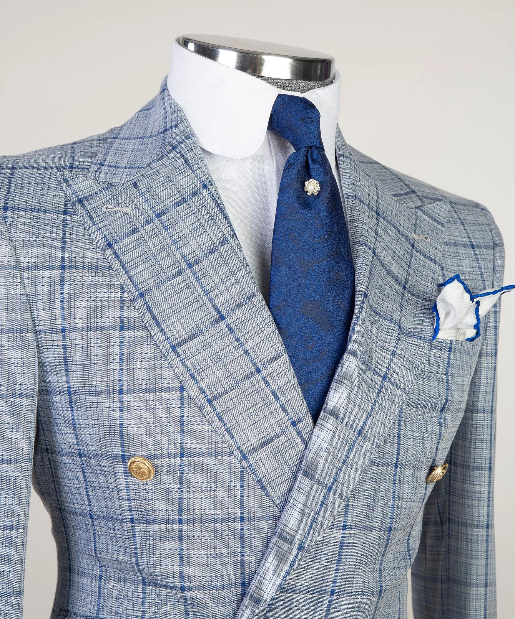 Sky Blue Plaid Double Breasted Suit