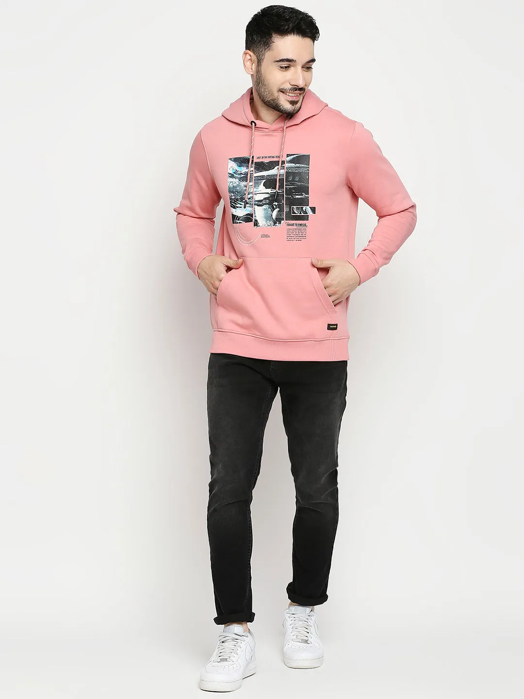 Spykar Dusty Pink Cotton Full Sleeve Hooded Sweatshirt For Men